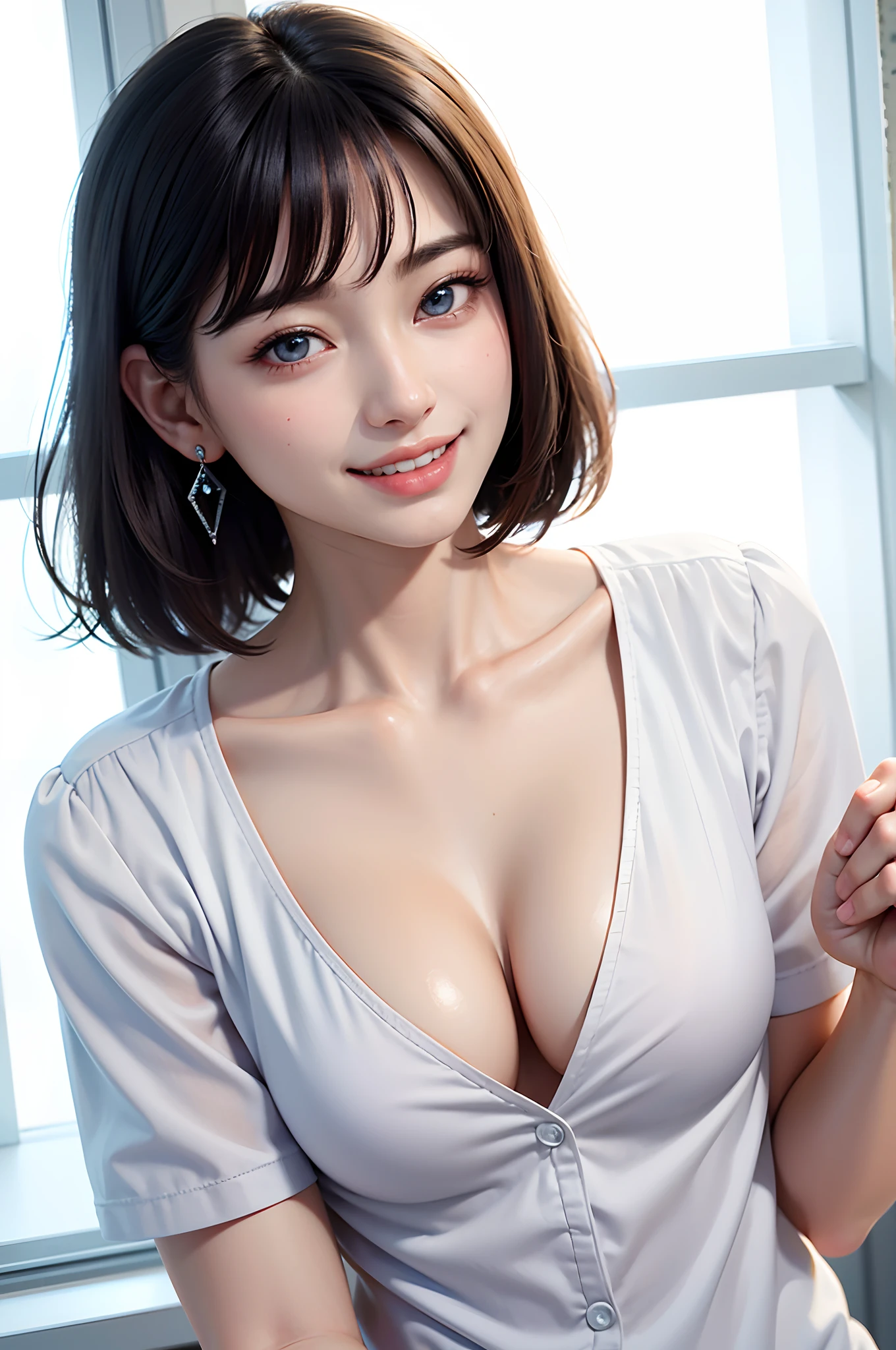 (high-level image quality、high-detail、hightquality、hight resolution、Draw everything accurately in high resolution)、Very intense crystal light blue eyes、Very pale blue eyes、Smaller diamond-shaped earrings、Look firmly at the camera、Put your ears out、Beautiful short black hair、Beautiful very short beautiful hair with bangs、Show off all the beautiful décolletés、Beautiful 28 years old、lipgloss、long neck、happily laughing、Smiling very happily、Beautiful teeth alignment、Beautiful teeth、Beautie、Pretty Woman、Business shirt with a snow-white collar with open chest、Wide Open Color、illuminate the back with very strong light from the windowsill,、Very immaculate background、Really snow-white background、Slightly bigger eyes、Brings intense light to the eyes、rather broad shoulders、tall supermodel、Long-legged supermodel、Female sexy、Turn your face slightly to the side、Very mature and beautiful woman、Very small face