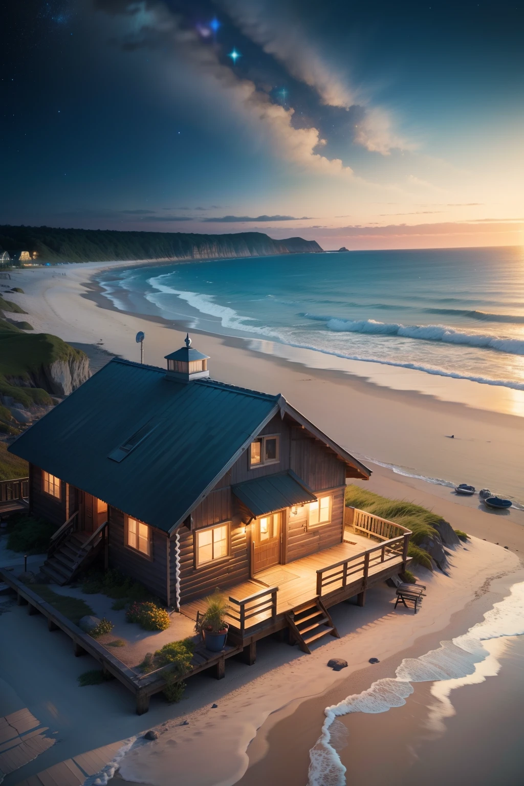 Seaside, beach, cabins, starry sky