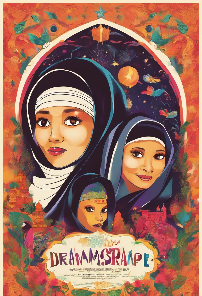 Design a hilarious movie poster featuring the three malay female in hijab as a main characters of our comedy film. Show them caught in a comical situation, with exaggerated facial expressions and props that reflect their distinct personalities. Add a touch of whimsy and fun to the poster to convey the lighthearted spirit of the movie
