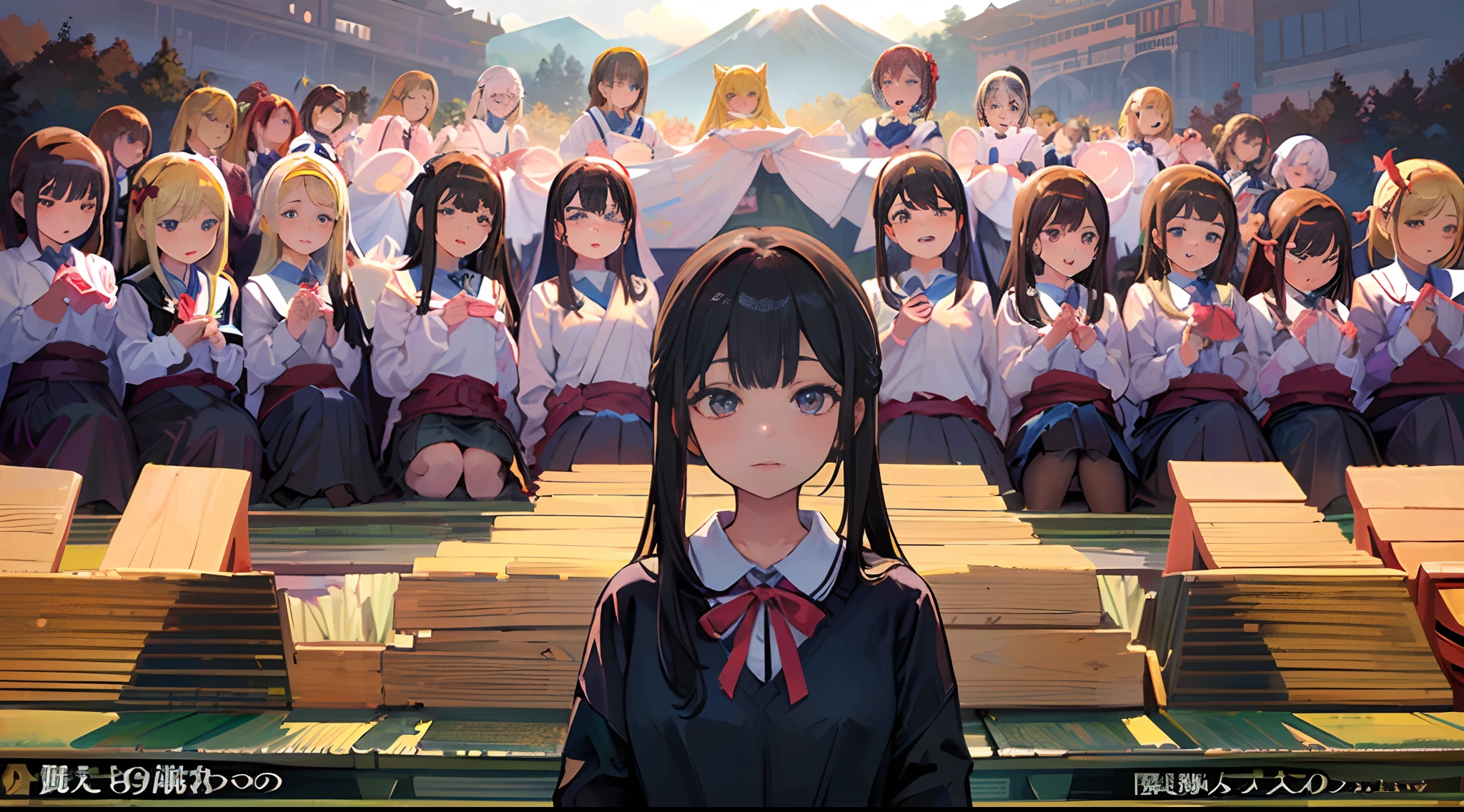 ((masterpiece、top-quality))、Beautiful detailed eyes、colourfull、vivd colour,((9girl:1.5)), hi-school girl,Latest Fashion,(masterpiece、top-quality、,((9girl:1.5)),(The background is Mt. One Japan Mount. Fuji)、