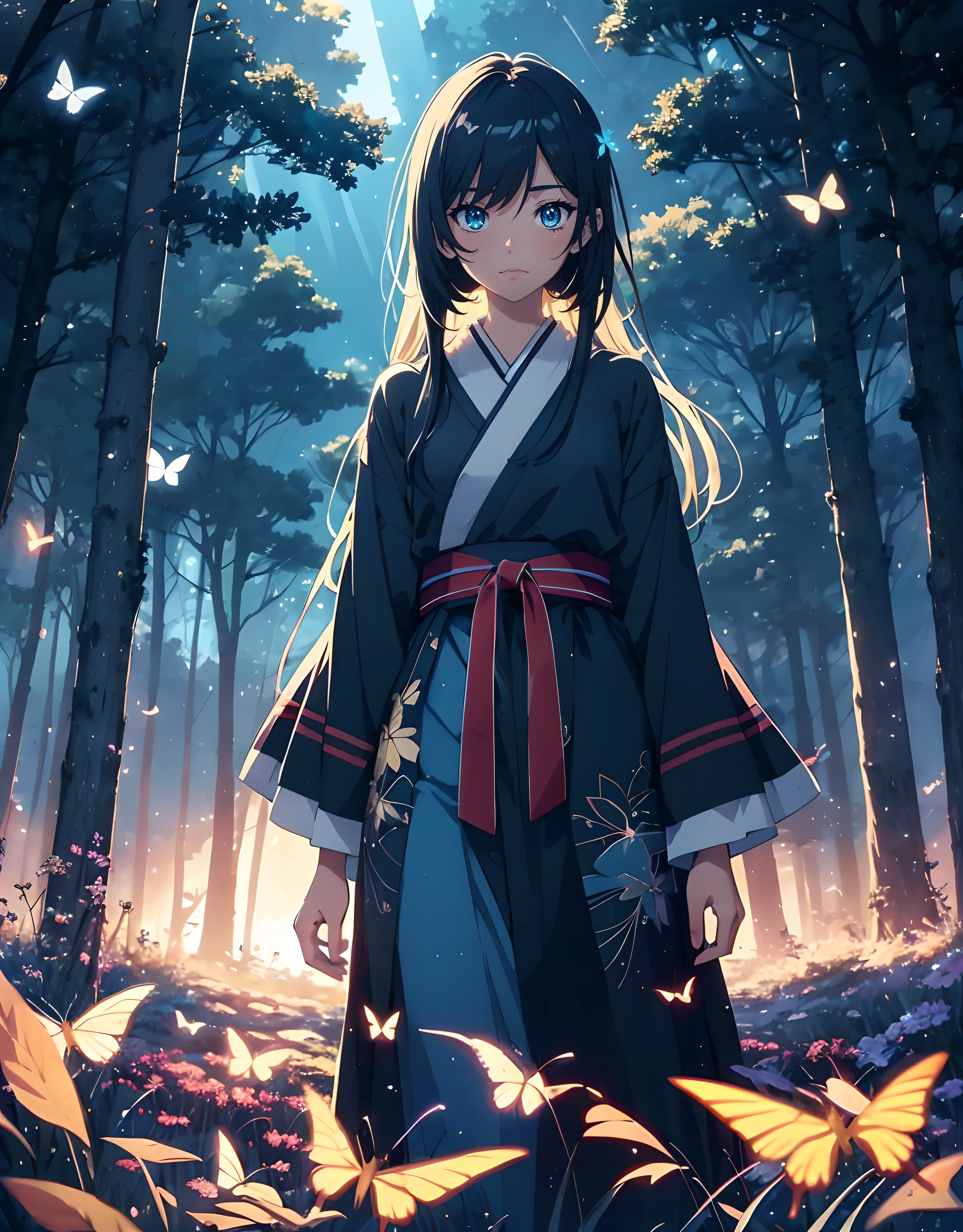 Landscape, Anime landscape glow field of flowers and lots glow of big circle particle around in object masterpiece, pure landscape, girl standing back so far a long, falling down leaf, lots of glow falling leaf, fireflies, many lots of fireflies, anime art wallpaper 8k, Top quality masterpiece, deep focus, macro shot, fliying fireflies 13:4, anime, object, color tone glow combination masterpiece, glow light, dark blue morning, reflection, beautiful eyes, beautiful anime scene, japanese concept landscape art, volumetric lighting, bokeh, anime beautiful peace scene, many lots of fliying butterfly glow, pure lanscape, 8k beautiful anime, intricate, elegant, point of interest photography, perfect blue dark morning landscape anime (masterpiece, glow lighting, finely detailed beautiful clear dark lanscape), long hair, lots of hair, strong ray of light, rule of third photography, point of interest photography, perfect landscape color tone masterpiece, Fog, saturation glow light, solid sky, wonderful composition masterpiece, foreground bokeh, quality of detail masterpiece