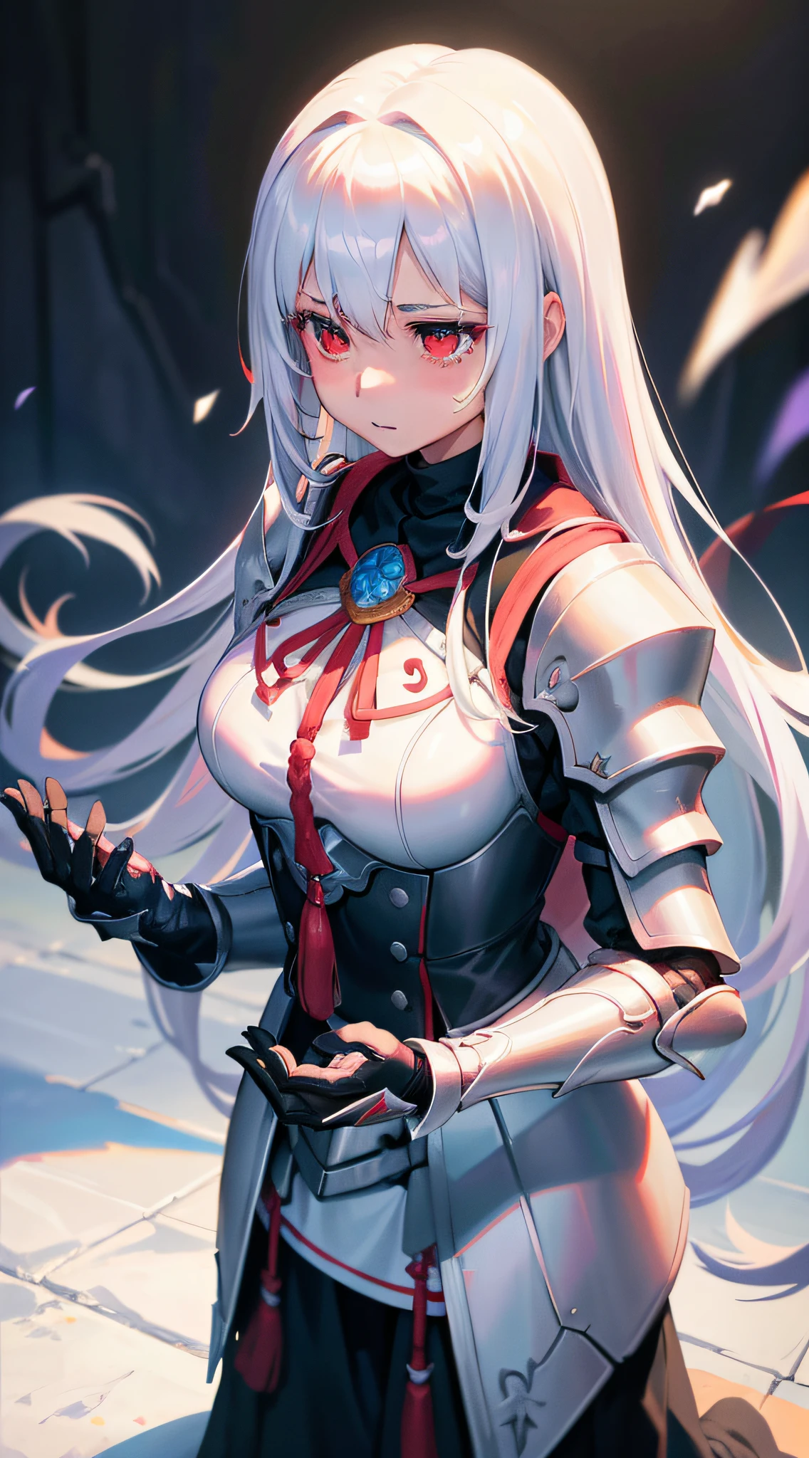 A girl,White hair and red eyes,long whitr hair,Original Character、fantasy concept art、Best shadow、shallowdepthoffield、Portrait of a noble knight、Dignified、Sad expression,streaming tears,Sophisticated tactical heavy armor、Tassel waistband、Hand Guard、Pauline、High quality armor texture,Stand up,Kneel on one knee,overcast day,Snow,(HighestQuali,astonishing detail:1.25),(独奏:1.3),Brilliant and colorful paintings