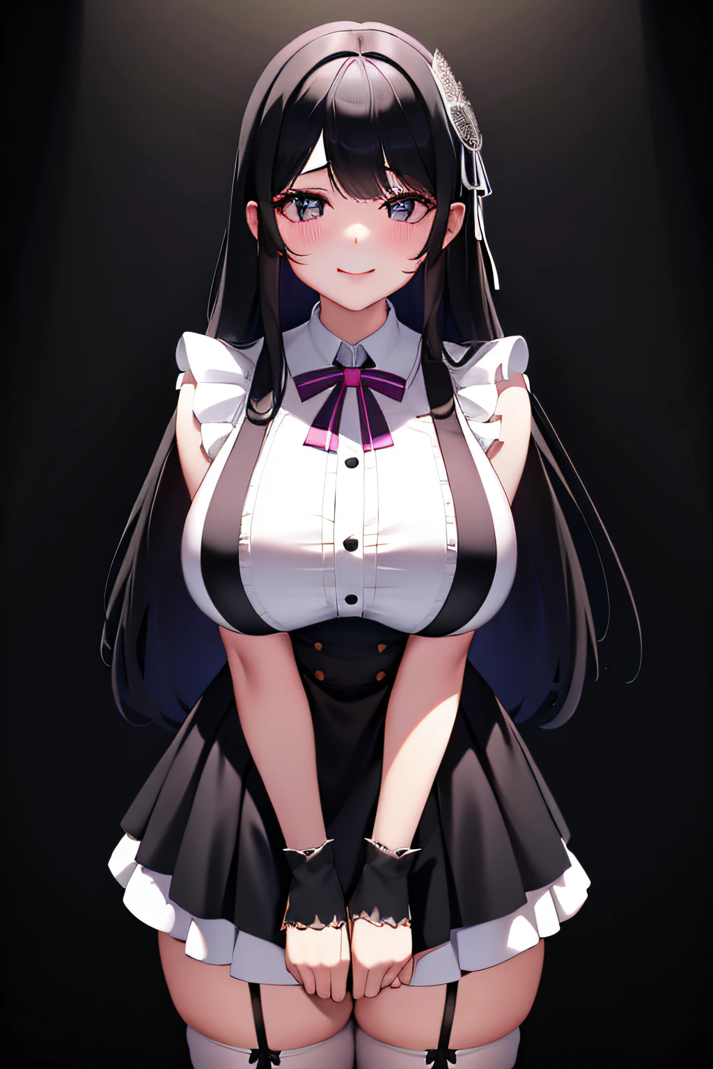 4K,s girl,cute face,Long black hair,Black eyes,ssmile,mediuml breasts,offcial dress,Simple hair accessories,Lace gloves,White suspender stockings,Pink high heels,full bodyesbian,in the castle,hands behind body,The edges are illuminated
