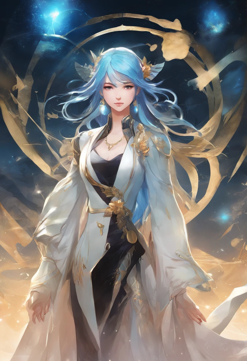 Masterpiece, Best quality, ((1人)),Blue hair,Green eyes,Serious expression, Smiling,Waist up,Line art,Medium hair,white suit jacket,Black T-shirt,expressionless eyes,((Tate Kubo style))