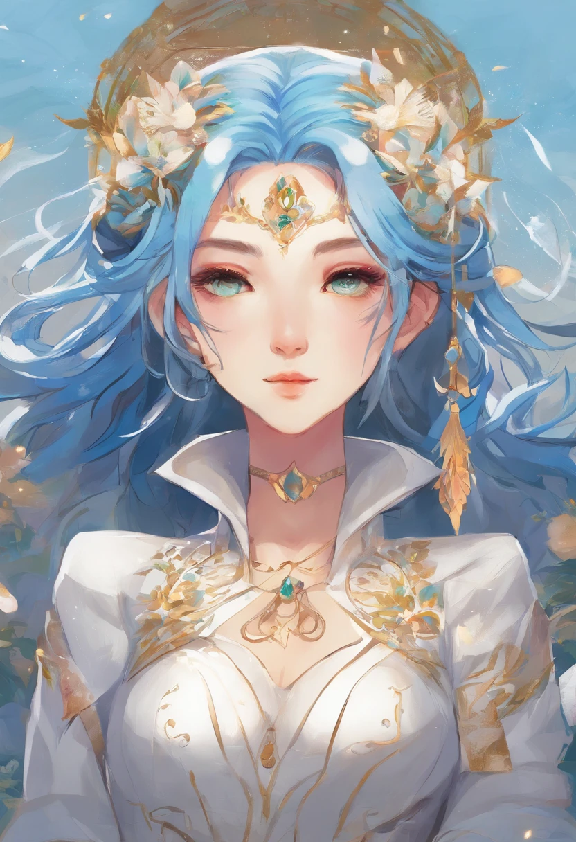 Masterpiece, Best quality, ((1人)),Blue hair,Green eyes,Serious expression, Smiling,Waist up,Line art,Medium hair,white suit jacket,Black T-shirt,expressionless eyes,((Tate Kubo style))