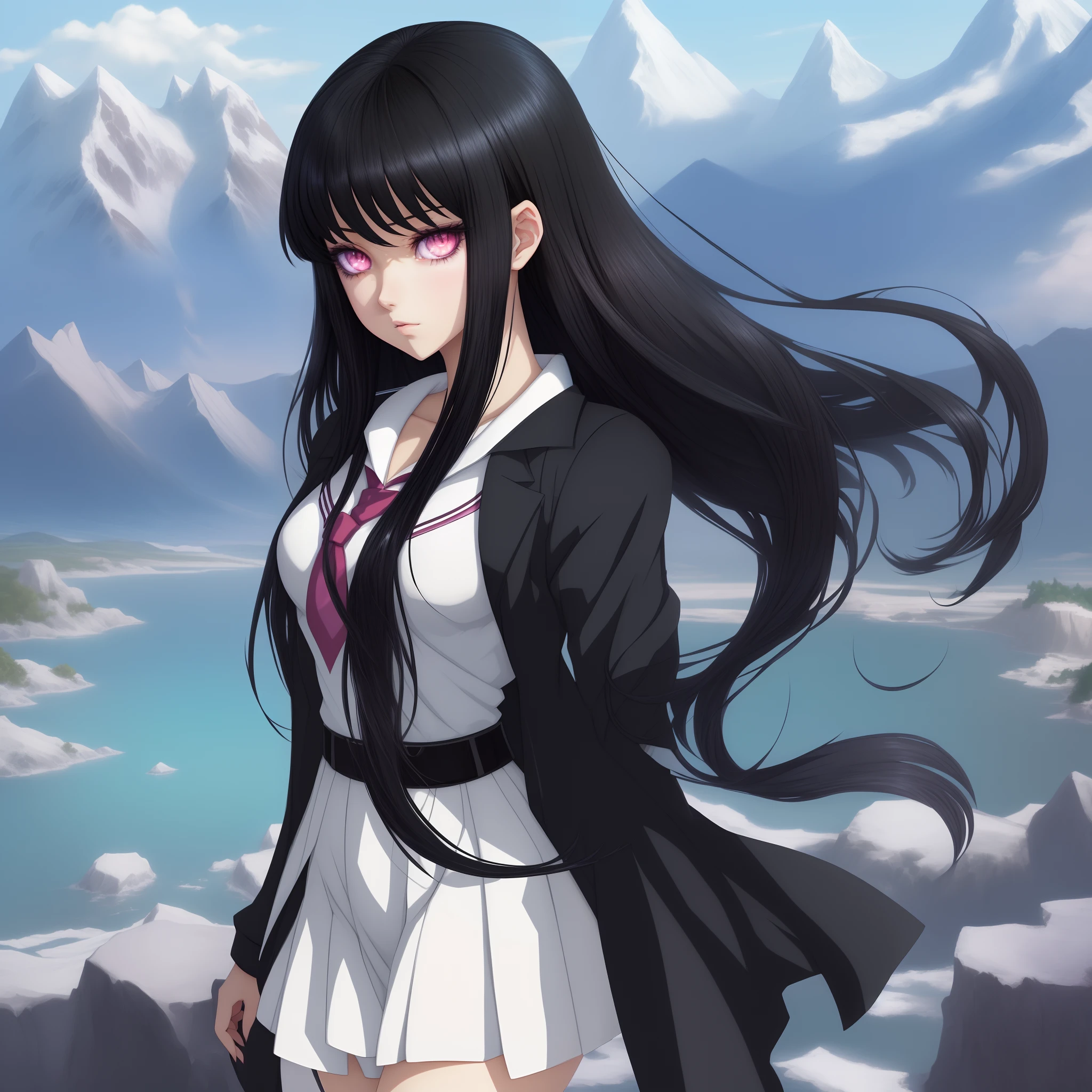 Black Hair and Crystal eyes, Beautiful face, Highschool With beautiful Landscape, Anime Girl, Anime