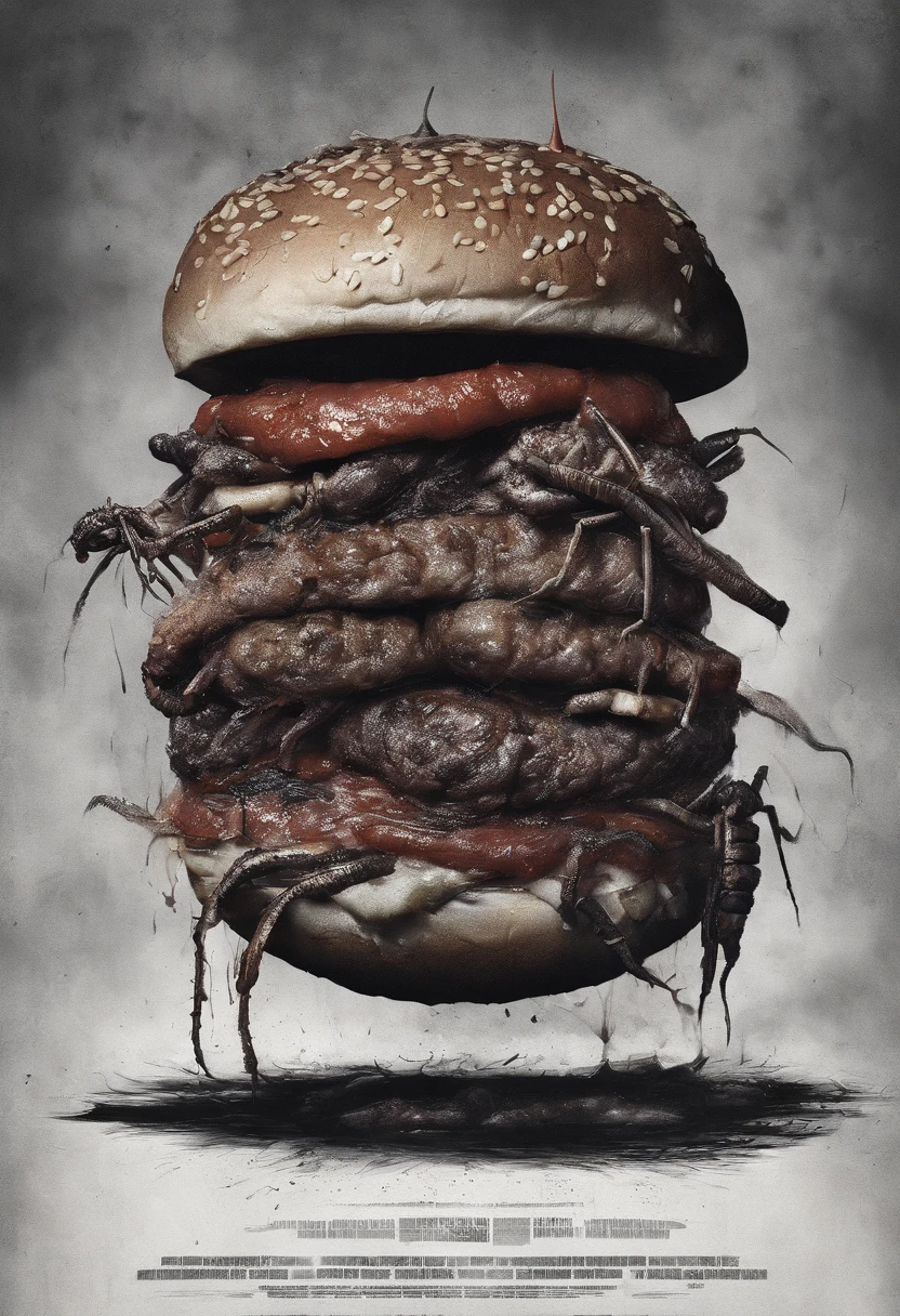 Burger with cutlet, Worms, maggots crawling on the burger, Stink, rotten food, 血