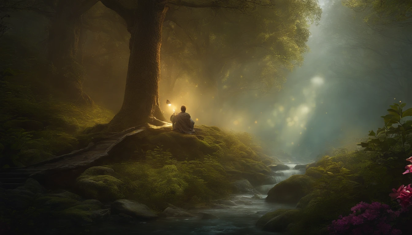 A mysterious journey through an ancient forest, The young character meets a wise old man,And learn valuable life lessons. lighting, Transformative and magical, big breasts enchanting, Ethereal. life after death. mistic, Energetic,Moving. Create an atmosphere of mystery and spiritual depth. Deep, thought provoking,philosophy, Valuable life lessons