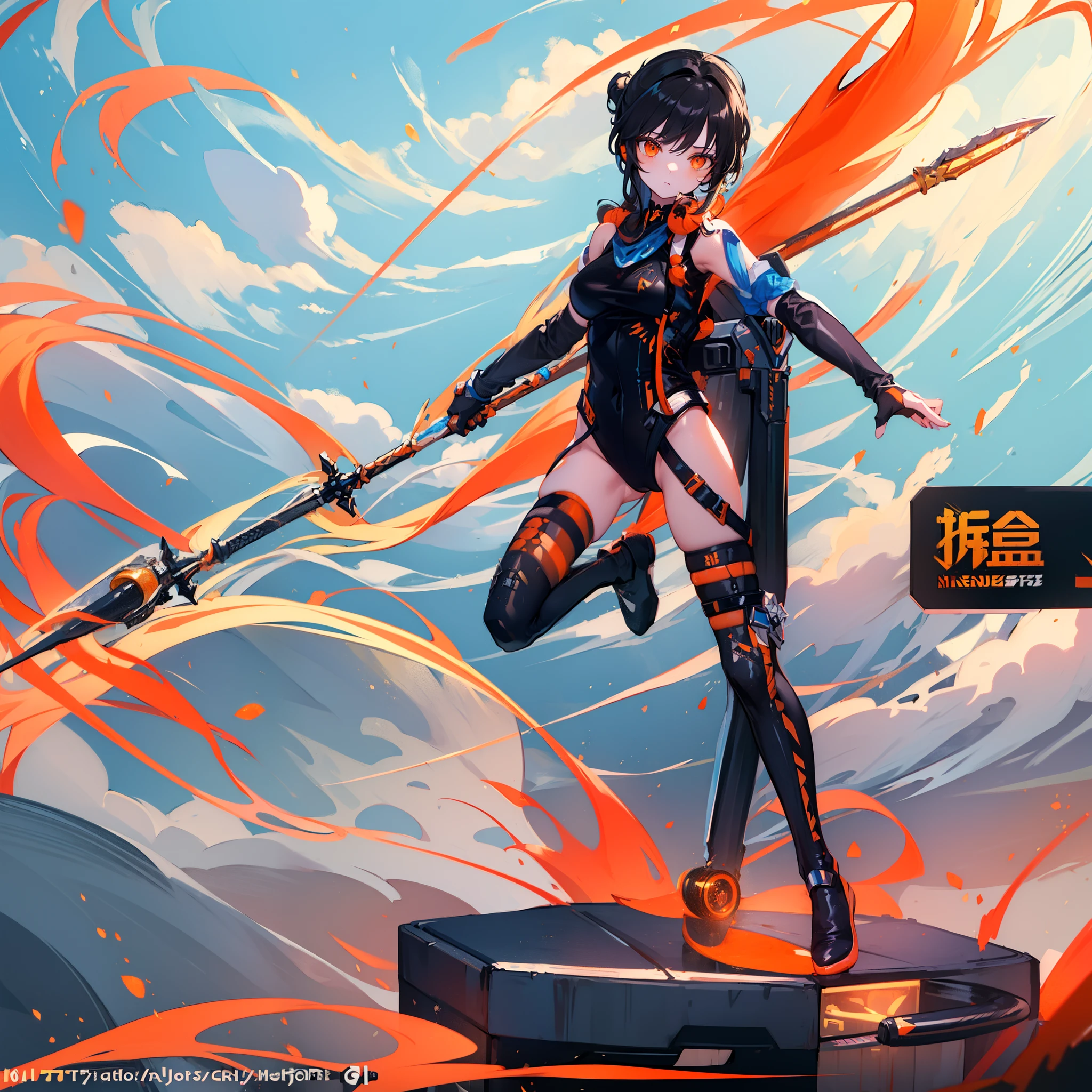 (masterpiece:1.5) (bestquality) highlydetailed ultra-detailed cute (1girl) (princess hair:1.2) (bangs) (black long hair:0.8) (high ponytail) (long ponytail braid:0.8) (long straight hair:0.8) (orange eyes) (amber eyes) (blue highlights) (headband) (gloves) (headphones) (leotard) (polearm) (long hair) (solo) (spear) (thighhighs) (weapon)