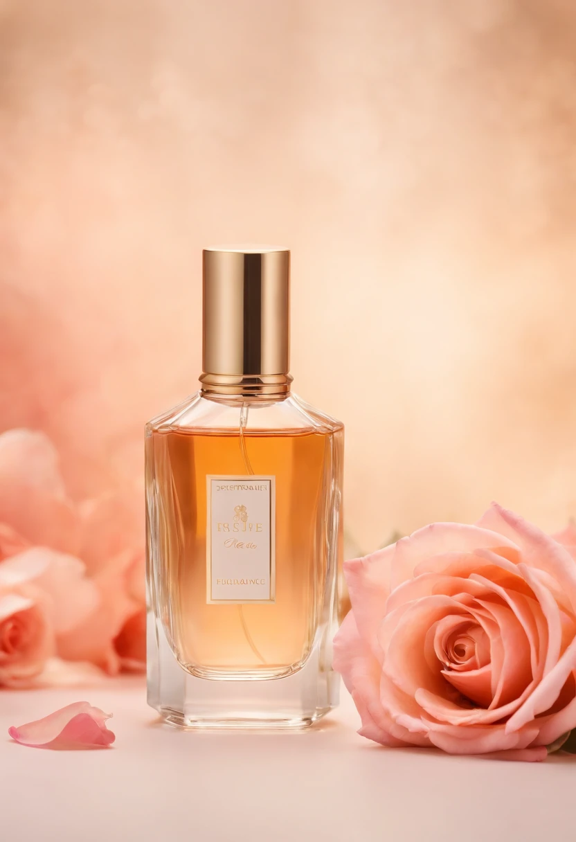 Create a luxurious and alluring photograph that captures the essence of our sweet rose perfume. Set the stage with a lavish, golden-hued background and soft, diffused lighting to evoke a sense of opulence. Place an exquisitely designed perfume bottle prominently in the frame, adorned with delicate rose petals, and capture a moment where a fine mist of the fragrance envelops the scene, creating an aura of elegance and indulgence