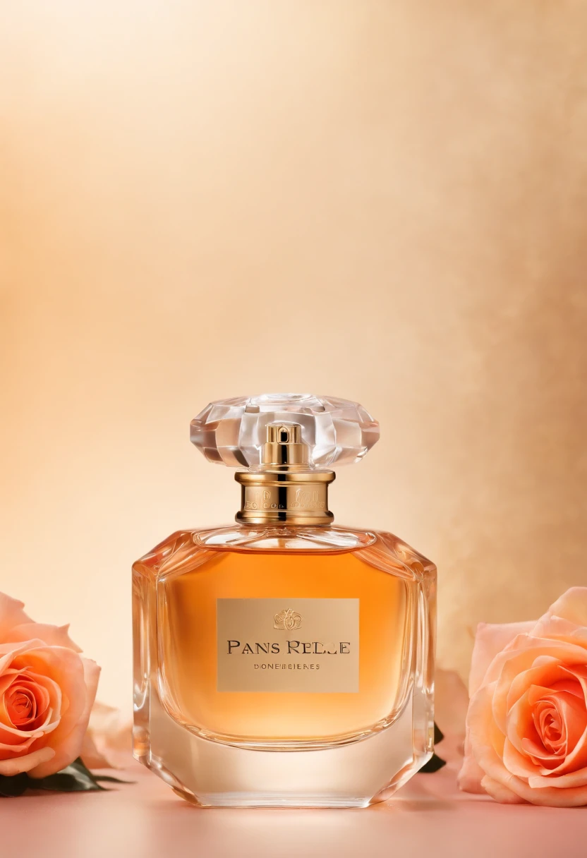 Create a luxurious and alluring photograph that captures the essence of our sweet rose perfume. Set the stage with a lavish, golden-hued background and soft, diffused lighting to evoke a sense of opulence. Place an exquisitely designed perfume bottle prominently in the frame, adorned with delicate rose petals, and capture a moment where a fine mist of the fragrance envelops the scene, creating an aura of elegance and indulgence