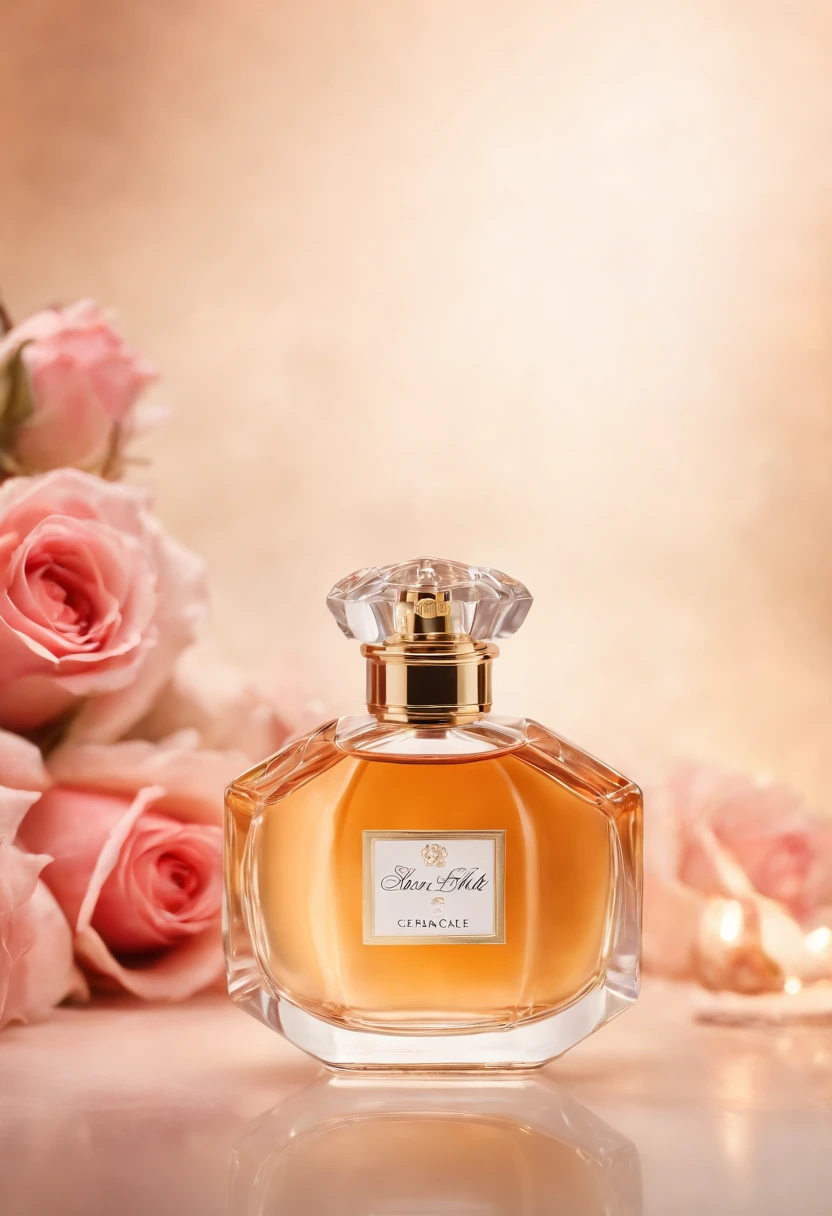 Create a luxurious and alluring photograph that captures the essence of our sweet rose perfume. Set the stage with a lavish, golden-hued background and soft, diffused lighting to evoke a sense of opulence. Place an exquisitely designed perfume bottle prominently in the frame, adorned with delicate rose petals, and capture a moment where a fine mist of the fragrance envelops the scene, creating an aura of elegance and indulgence