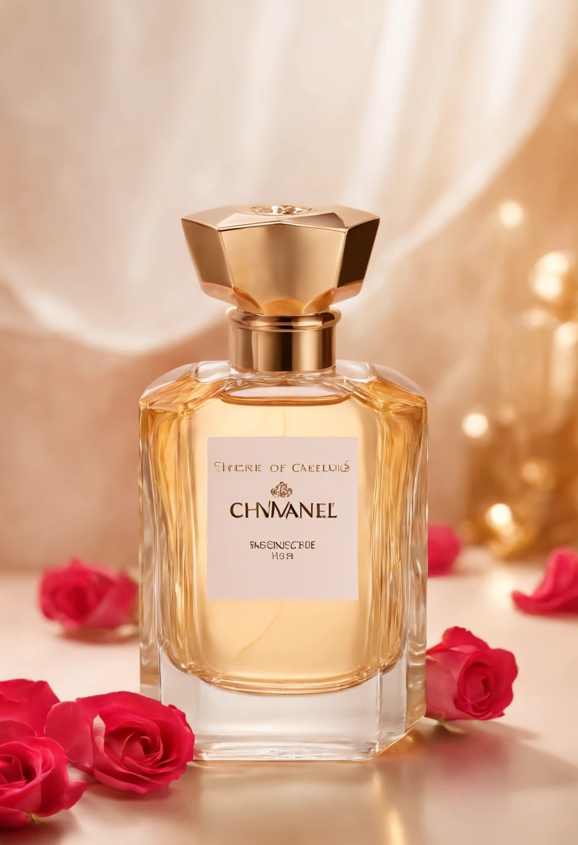 Create a luxurious and alluring photograph that captures the essence of our sweet rose perfume. Set the stage with a lavish, golden-hued background and soft, diffused lighting to evoke a sense of opulence. Place an exquisitely designed perfume bottle prominently in the frame, adorned with delicate rose petals, and capture a moment where a fine mist of the fragrance envelops the scene, creating an aura of elegance and indulgence