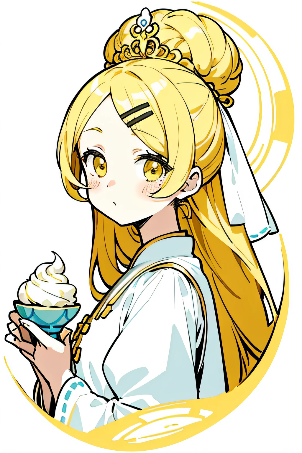 (Exquisite illustrations:1.2), (Kawaii Maiden:1.0), (1girl, solo:1.0), "Please create a portrait of a woman，Her hairstyle is like cream food，The color is golden, bright and soft" "Combine creamy features on her outfits，por exemplo，A nice cream hairpin" "It is rendered in an egg-yellow hue in the painting，Create a visual feel of creamy food" "Add different dim sum elements，Make graphics more interesting and creative" "Securing the Female Statue Story Perfection，Full of charm，And highlight the creamy style characteristic", (The upper part of the body:1.0), (ultra - detailed, A high resolution, 4k:1.0),