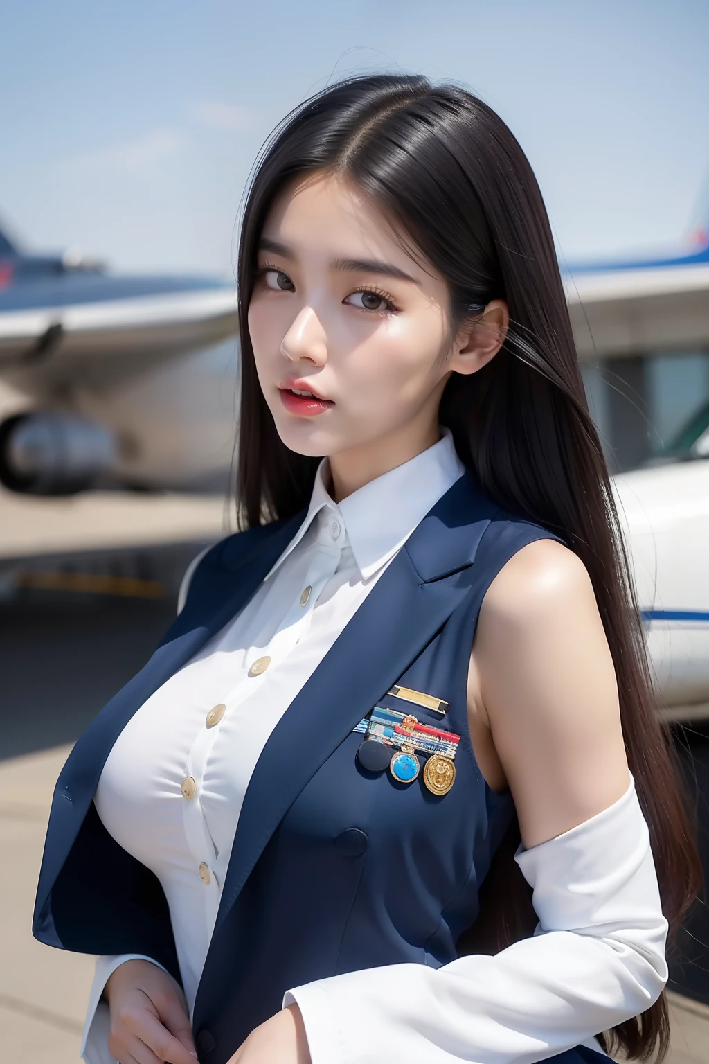 arafed asian woman in a blue and white uniform standing in front of a plane, cute pilot girl, korean girl, jaeyeon nam, beautiful south korean woman, cute girl wearing tank suit, pilot girl, taejune kim, korean woman, heonhwa choe, gorgeous young korean woman, girl with warship parts, wearing dirty ripped flight suit, beautiful south korean woman, korean girl, beautiful young korean woman, korean woman, heonhwa choe, korean women's fashion model, sexy look, big breast, sexy pose, show breast, light white hair