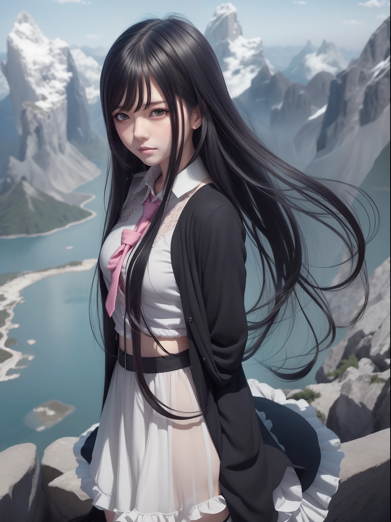 anime girl with long black hair and a pink tie standing on a mountain, anime moe artstyle, smooth anime cg art, by Jin Homura, beautiful anime high school girl, anime girl with long hair, inspired by Jin Homura, painted in anime painter studio, visual novel cg, high quality anime artstyle, seductive anime girl, black hime cut hair