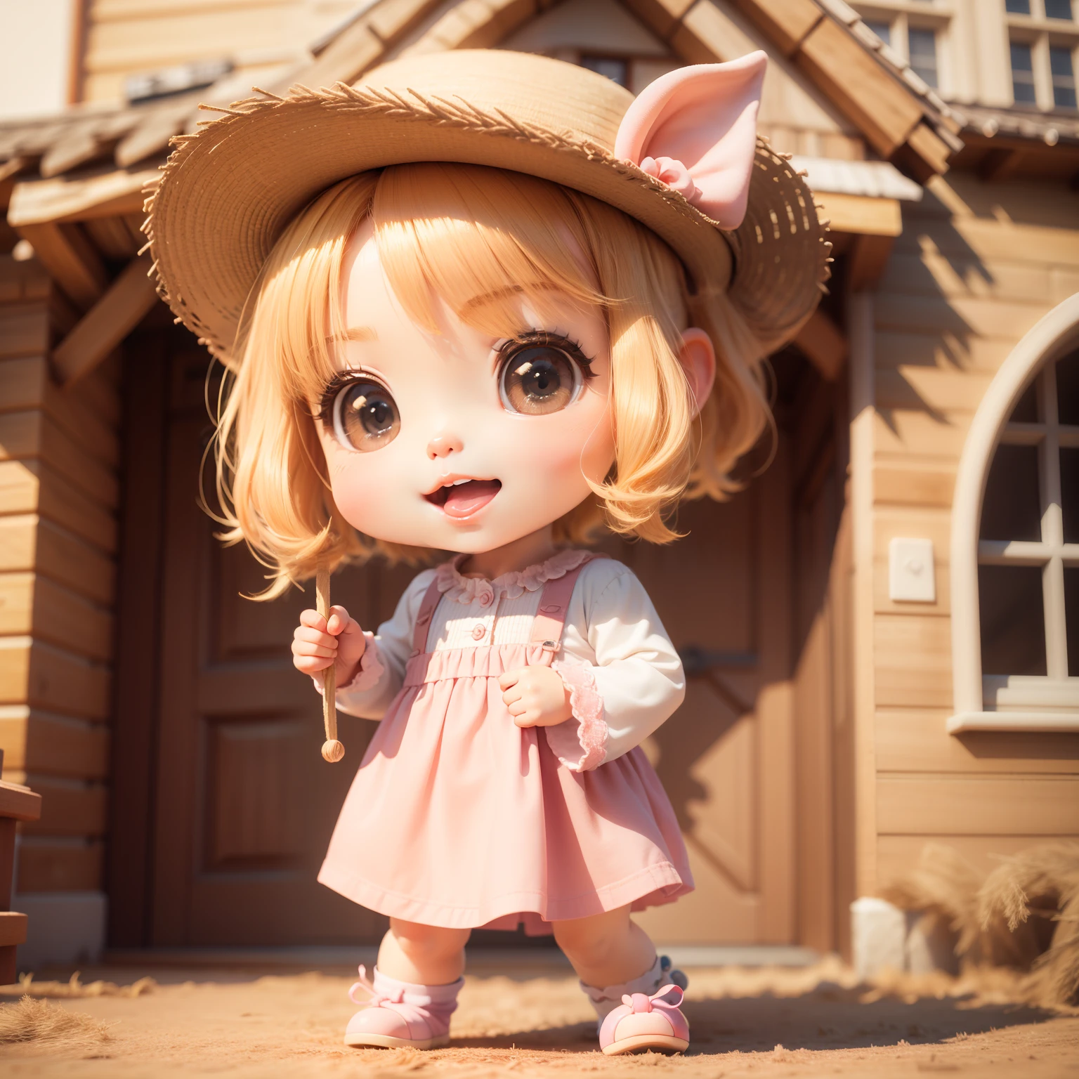 Cute Chibi Anime、(((Chibi 3D))) (Best Quality), (masutepiece)、Chibi pig、In front of a house made of straw in fairytale land、Open your mouth and smile、A detailed face、Standing、
