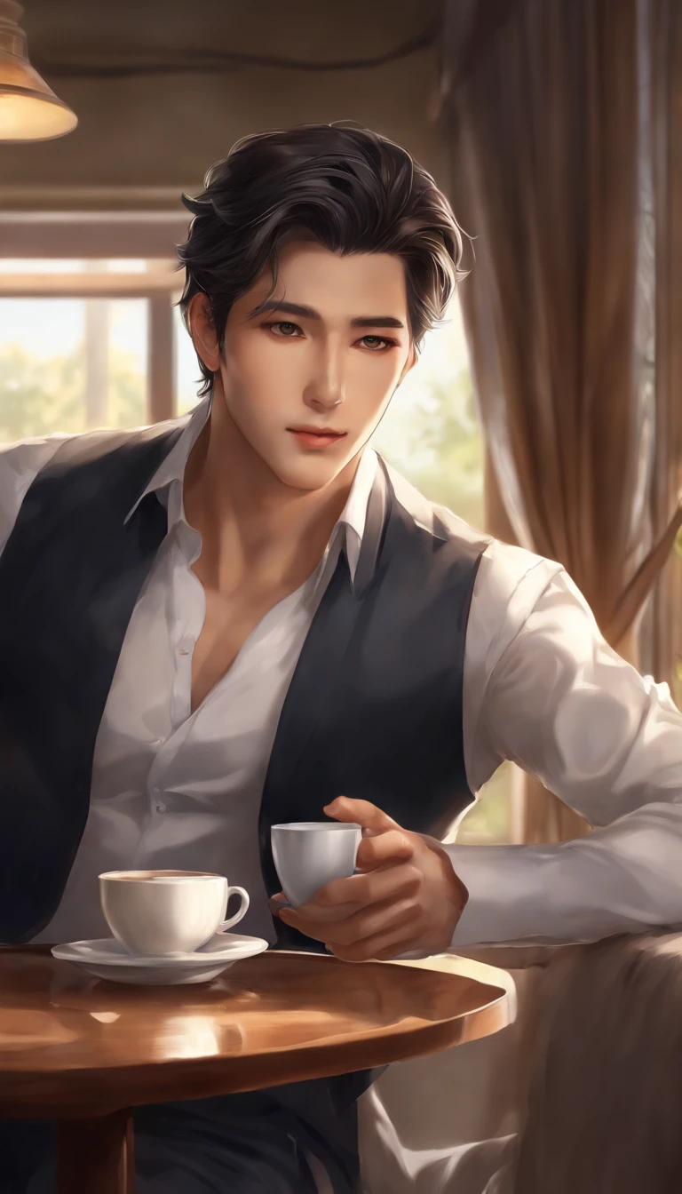 Anime people drink coffee in front of the window, morning coffee, Dean Fujioka, Realistic anime art style, anime realism style, Guviz-style artwork, handsome stunning realistic, Realistic art style, Digital anime illustration, semi realistic anime, Anime portrait of a handsome man, Smooth anime CG art,4K