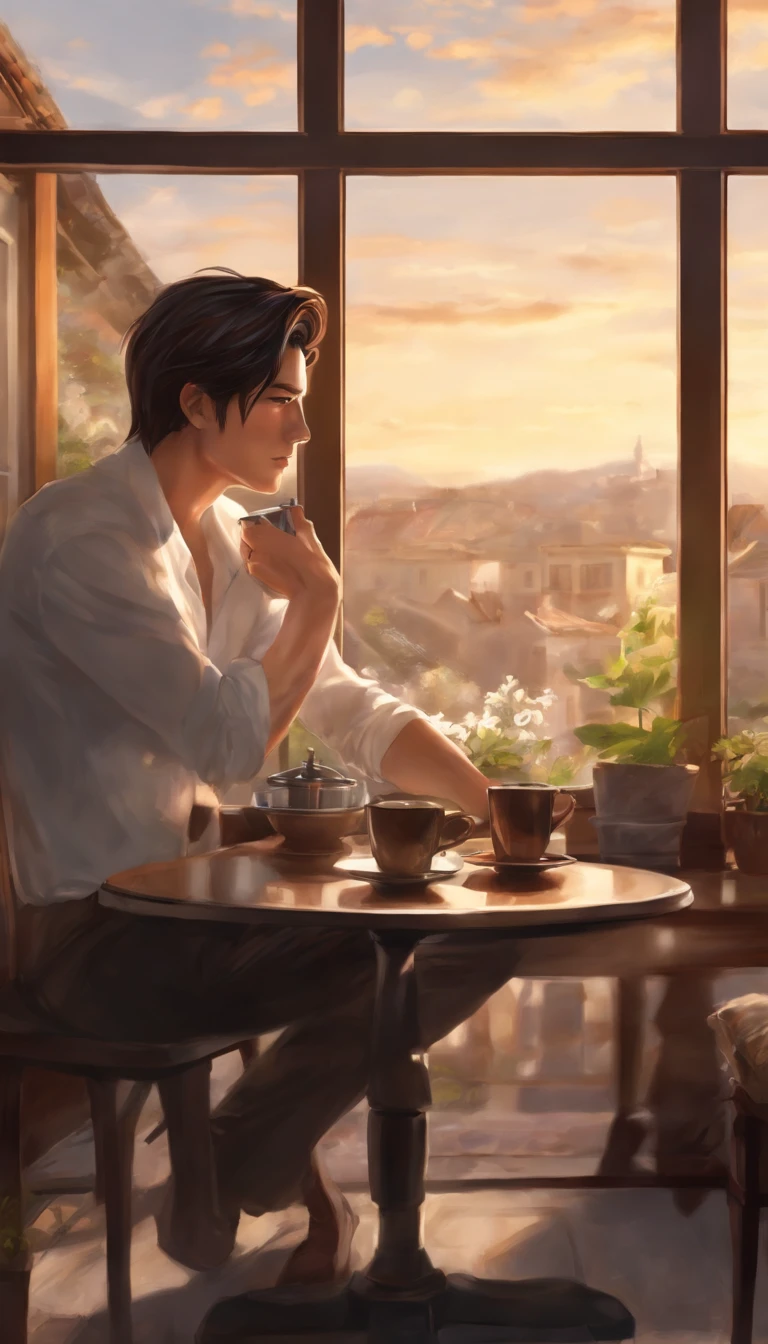 Anime people drink coffee in front of the window, morning coffee, Dean Fujioka, Realistic anime art style, anime realism style, Guviz-style artwork, handsome stunning realistic, Realistic art style, Digital anime illustration, semi realistic anime, Anime portrait of a handsome man, Smooth anime CG art,4K