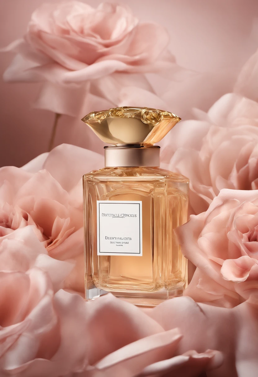 Create a luxurious and alluring photograph that captures the essence of our sweet rose perfume. Set the stage with a lavish, golden-hued background and soft, diffused lighting to evoke a sense of opulence. Place an exquisitely designed perfume bottle prominently in the frame, adorned with delicate rose petals, and capture a moment where a fine mist of the fragrance envelops the scene, creating an aura of elegance and indulgence