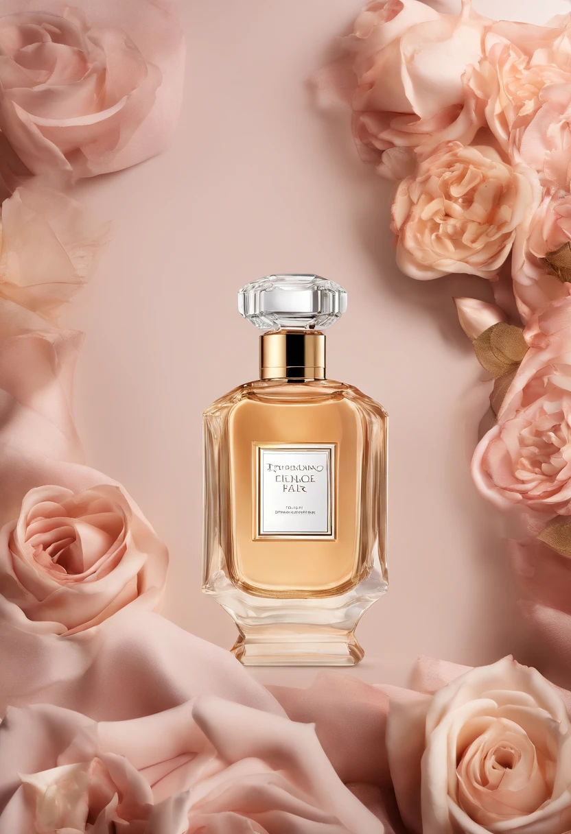 Create a luxurious and alluring photograph that captures the essence of our sweet rose perfume. Set the stage with a lavish, golden-hued background and soft, diffused lighting to evoke a sense of opulence. Place an exquisitely designed perfume bottle prominently in the frame, adorned with delicate rose petals, and capture a moment where a fine mist of the fragrance envelops the scene, creating an aura of elegance and indulgence