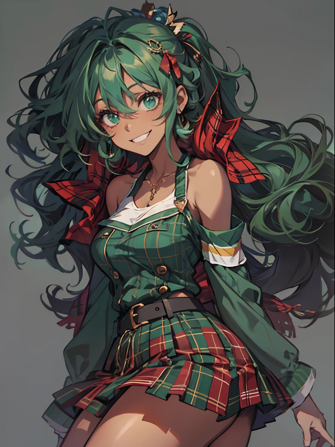 Malachite Green Hair, hair between eye, Wavy Hair, Side Ponytail, {{Dark-skinned}}, From thigh to shoulder, Smiling and looking at me, voluptuous breasts, femele_18 only,Red plaid mini skirt,Black High Socks,