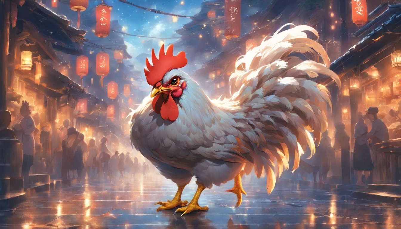 Zodiac Chicken Fluffy chicken, ,Big eyes, Wear festive attire, Standing on the side of the street, Ancient style, Artistic touch,Snes painting
