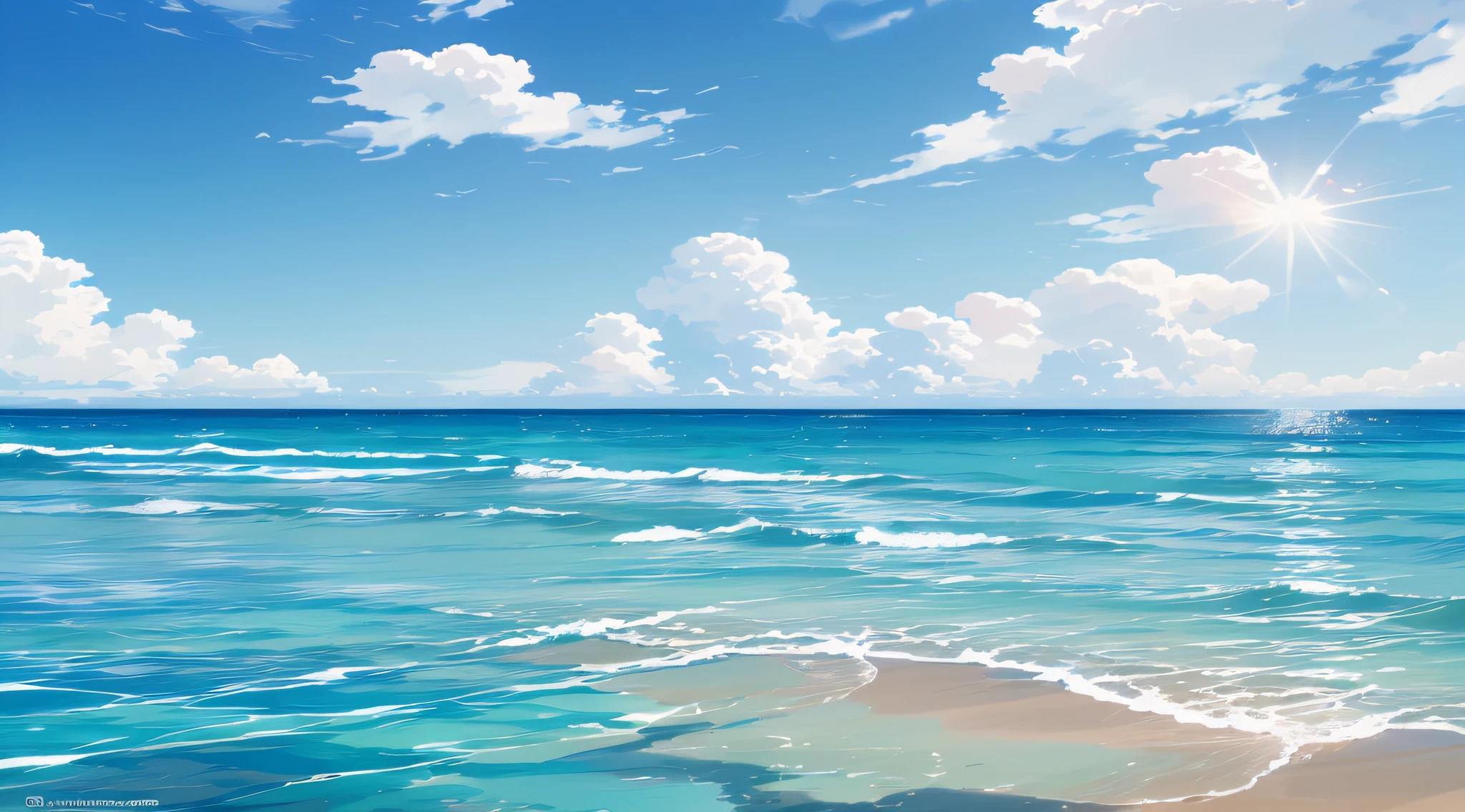 Paint a sunny day on the beach，with blue sky and white clouds, sunny day at beach, Azure Ocean, Blue sea. By Makoto Shinkai, wallpaper anime blue water, Beautiful ocean, Detailed scenery —width 672, Brilliant sea, beautiful anime scenery, landscape of a beach, anime beautiful peace scene, bright sunny summer day, calm ocean landscape