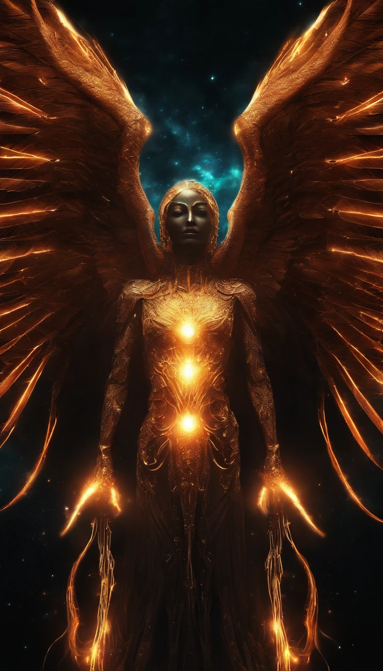 Cosmic Fallen Angel, glowing light eyes, Biomechanical, eerie, Creepy, nightmarish, Very bright colors, Light particles, with light glowing, Mshiv, wallpaper art, UHD wallpaper