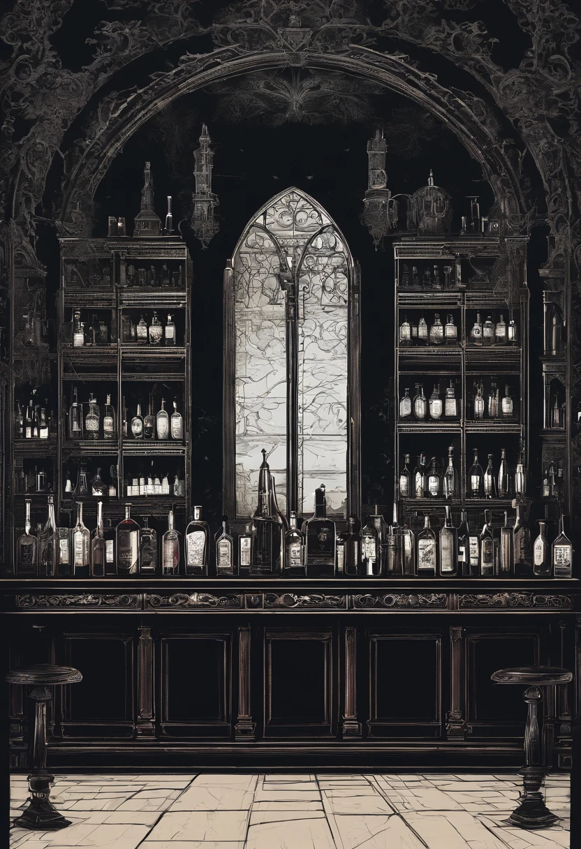 a dark room, Bar Counter, bottles, dim lights