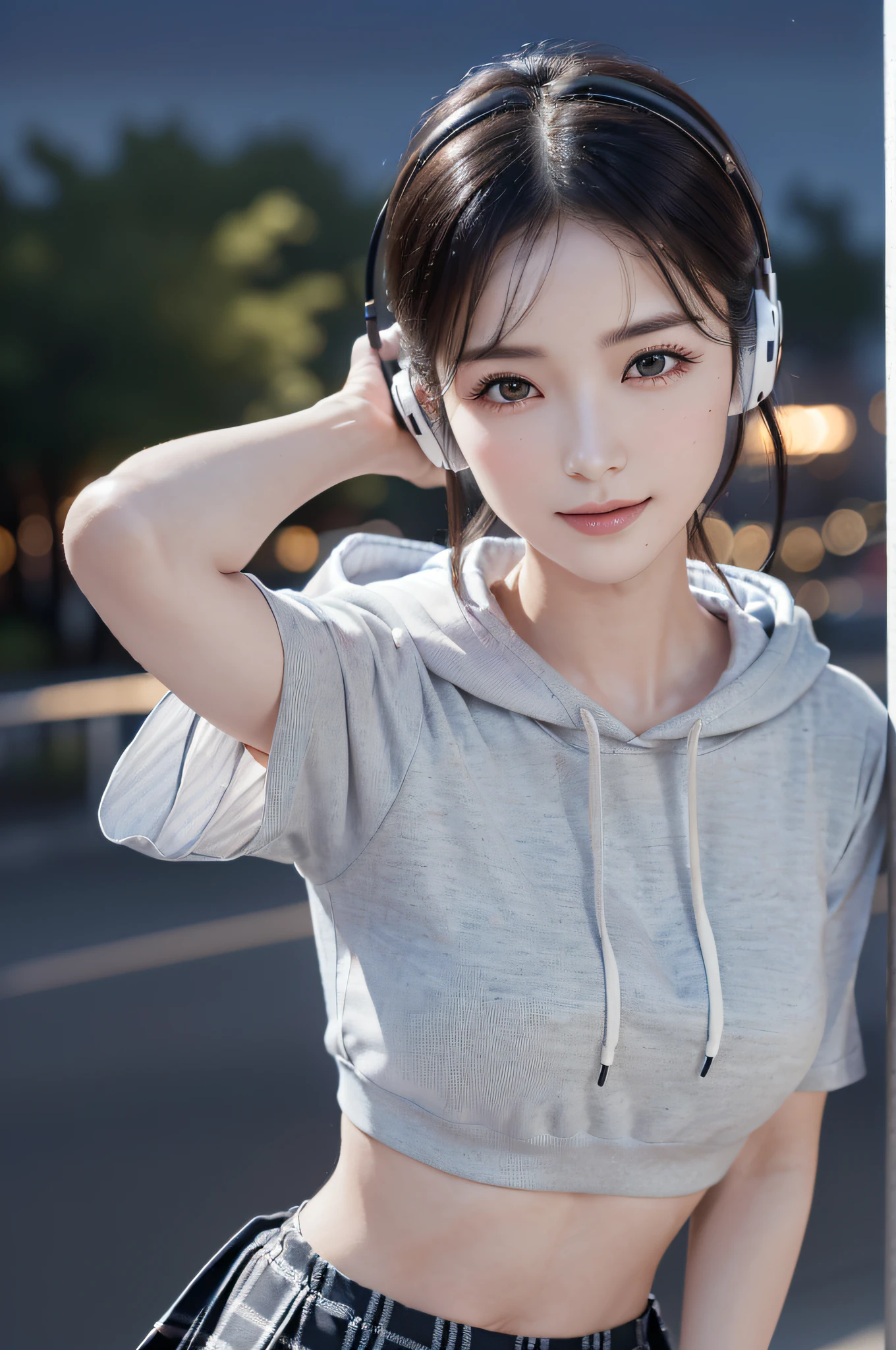 A extremely Cute and Beautiful Pictures of Japan Woman, (22 years old: 1.1), ((cowboy shot:1.3)), ((soft bar lighting: 1.3), (Backlight: 1.3), Full Body Lighting, (face soft lighting), Look Straight, Cinematic Angle, Graceful standing, ((arms behind back:1.3, arms down)), (((night situation:1.5))), (walking at night park:1.3, head bunking:1.3), (attractive:1.3), (wearing a headphone:1.5), Blake, punk look:1.3, (black crop-top hoodie:1.3, plaid-pattern box-pleats-skirt:1.3), knee-high-over-boots:1.3, BREAK, (dark brown eyes, beautiful eyes, princess eyes), (shiny-black hair:1.3, Hepburn style chignon hair:1.3, bangs, hair between eyes, medium-length hair), (slender, abs), (medium breasts:0.95), (thin waist:1.25), solo, (parted lips, pink glossy lips), (beautiful clean skin), (seductive princess smile: 1.25, closed mouth:1.2), (4fingers and thumb:1.3, perfect human hands. detailed human hands), BREAK, (Realistic, Photorealistic: 1.37), (Masterpiece, Best Quality: 1.2), (Ultra High Definition: 1.2), (RAW Photo: 1.2), (Sharp Focus: 1.3), (Face Focus: 1.2), (Ultra Detailed CG Unified 8k Wallpaper: 1.2), (Beautiful Skin: 1.2), (Pale Skin: 1.3), (Hyper Sharp Focus: 1.5), (Super Sharp Focus: 1.5), (Beautiful Face: 1.3), (Ultra Detailed Background, Detailed Background: 1.3), (perfect female body), ((frame the head:1.3)), perfect anatomy, perfect proportions, 8.5 life-size, face focus, ultra-realistic photos, ultra-clear images, ultra-detailed images,