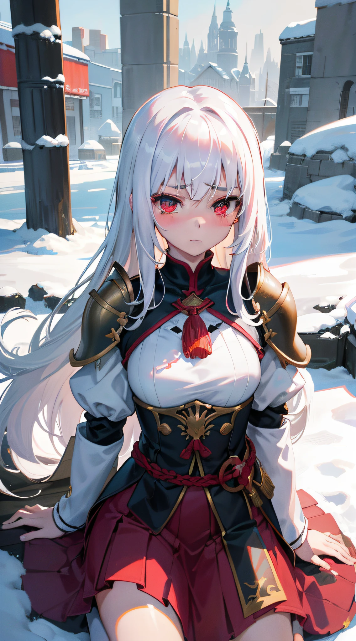 A teenage girl，White hair and red eyes，long whitr hair，Original Character、fantasy concept art、Best shadow、shallowdepthoffield、Portrait of a noble knight、Dignified、Sad expression，streaming tears，Glazed eyes，Sophisticated tactical heavy armor、Tassel waistband、Hand Guard、Pauline、High quality armor texture，Stand up，Kneel on one knee，overcast day，Snow，（HighestQuali，astonishing detail：1.25），（独奏：1.3），Brilliant and colorful paintings