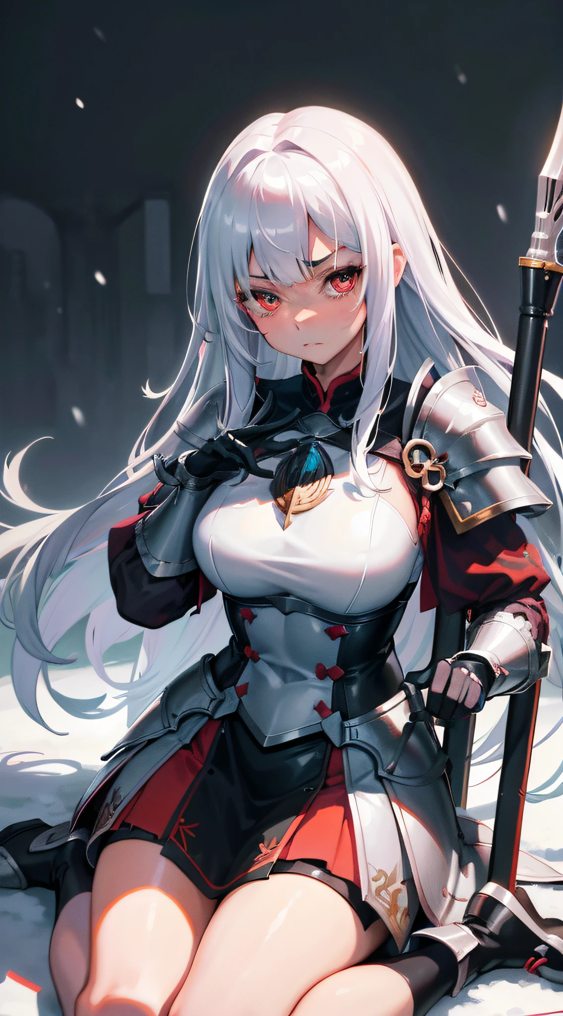 A teenage girl，White hair and red eyes，long whitr hair，Original Character、fantasy concept art、Best shadow、shallowdepthoffield、Portrait of a noble knight、Dignified、Sad expression，streaming tears，Glazed eyes，Sophisticated tactical heavy armor、Tassel waistband、Hand Guard、Pauline、High quality armor texture，Stand up，Kneel on one knee，overcast day，Snow，（HighestQuali，astonishing detail：1.25），（独奏：1.3），Brilliant and colorful paintings