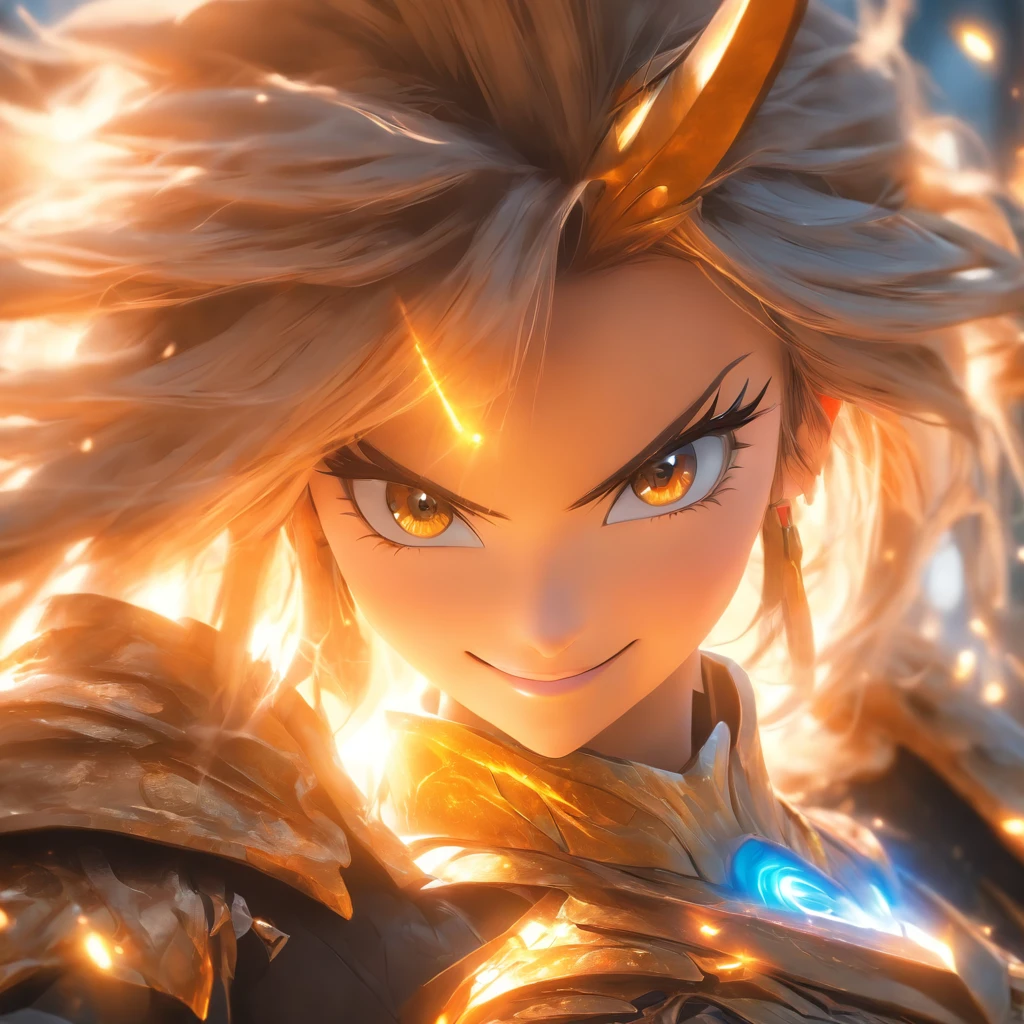Realistic, unreal engine, beautiful woman wearing reflective coating armor, smiling humbly, fantasy background, anamorphic lens flare effect