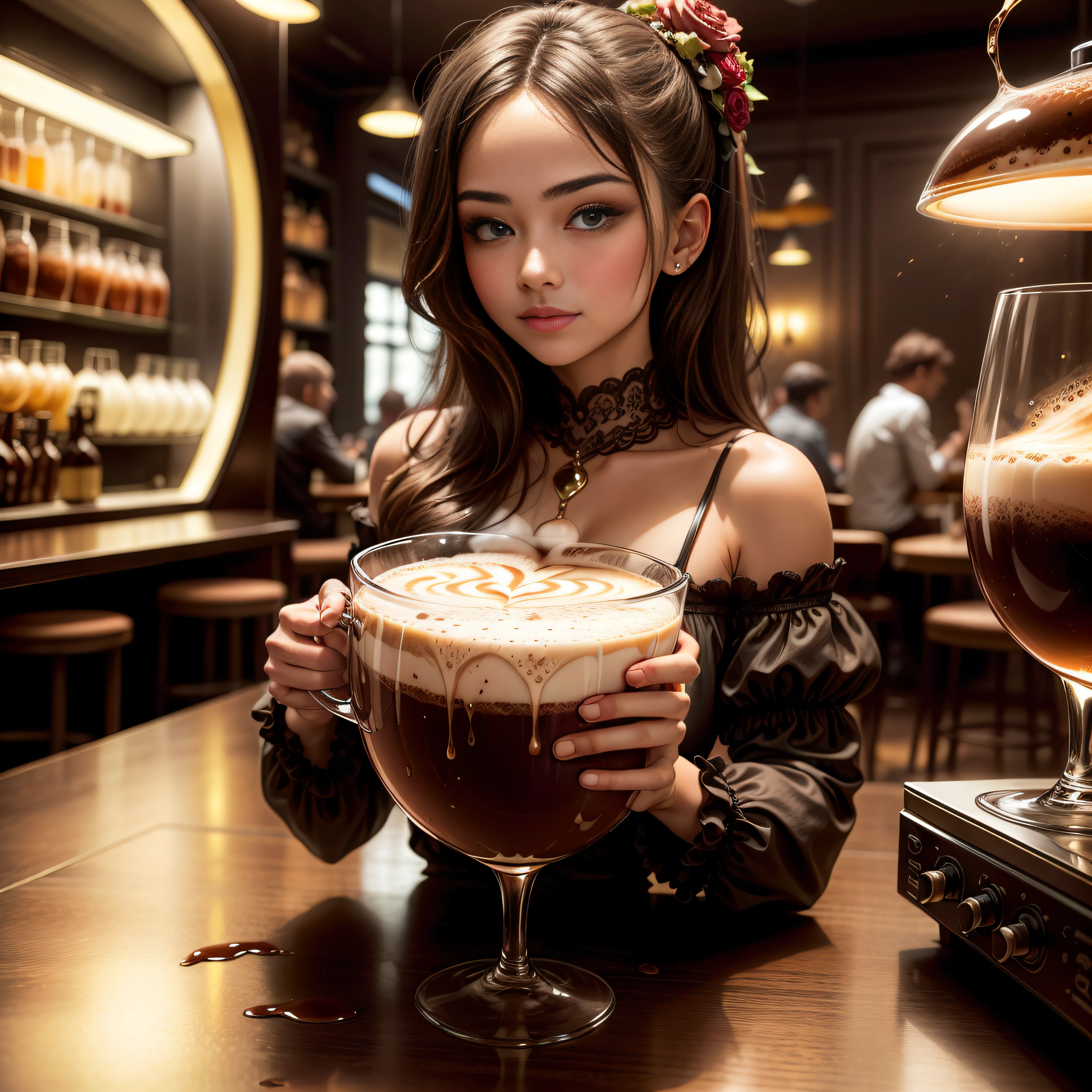 pretty girl drinking a cappuccino latte in a glass cup