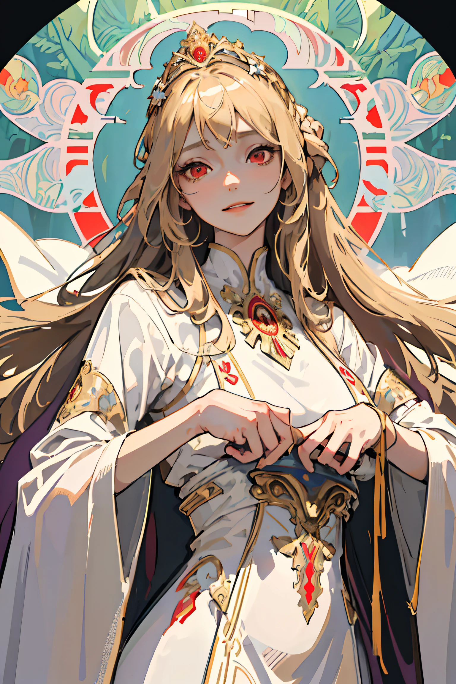 (masterpiece, best quality), 1girl, solo, (the empress:1.15), blonde, long hair, Curtain, white dress, queen dress, aurora, (sunshine, sky, river, forest), expressionless, red eyes, (art nouveau:1.2), alphonse mucha, tiara, (face focus, upper body), (red throne:1.12), highly intricate details, realistic light, smile
