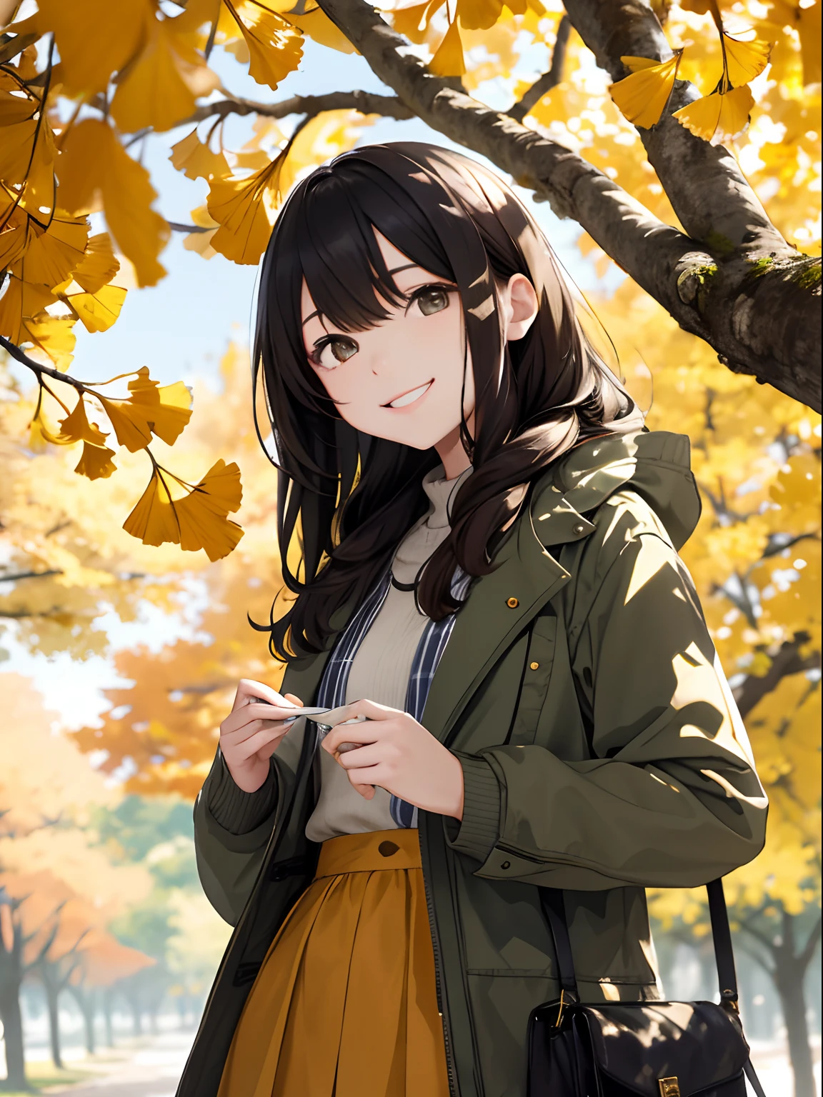 autumnal,beautiful Girl(1girll:1.3),full bodyesbian, hight resolution,ultra - detailed,a smile、Ginkgo tree、Focus on the subtle details and atmosphere of the scene。