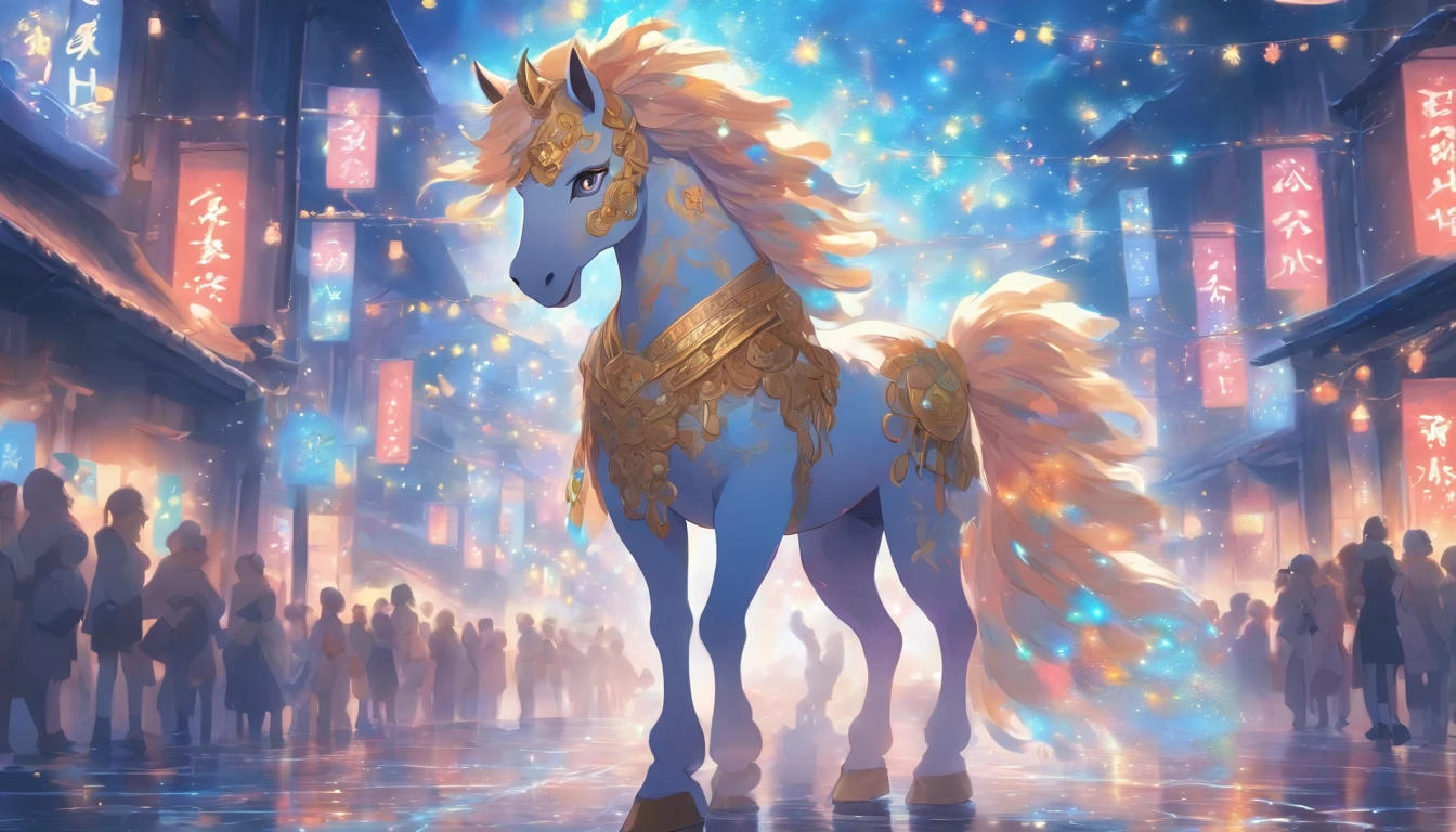 Zodiac horse Furry horse, ,Big eyes, Wear festive attire, Standing on the side of the street, Ancient style, Artistic touch，Snes painting