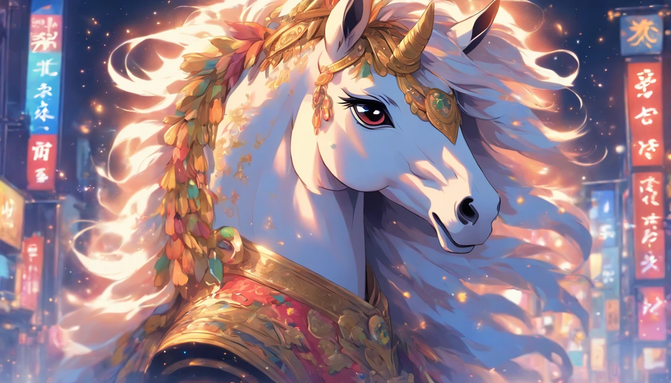 Zodiac horse Furry horse, ,Big eyes, Wear festive attire, Standing on the side of the street, Ancient style, Artistic touch,Snes painting