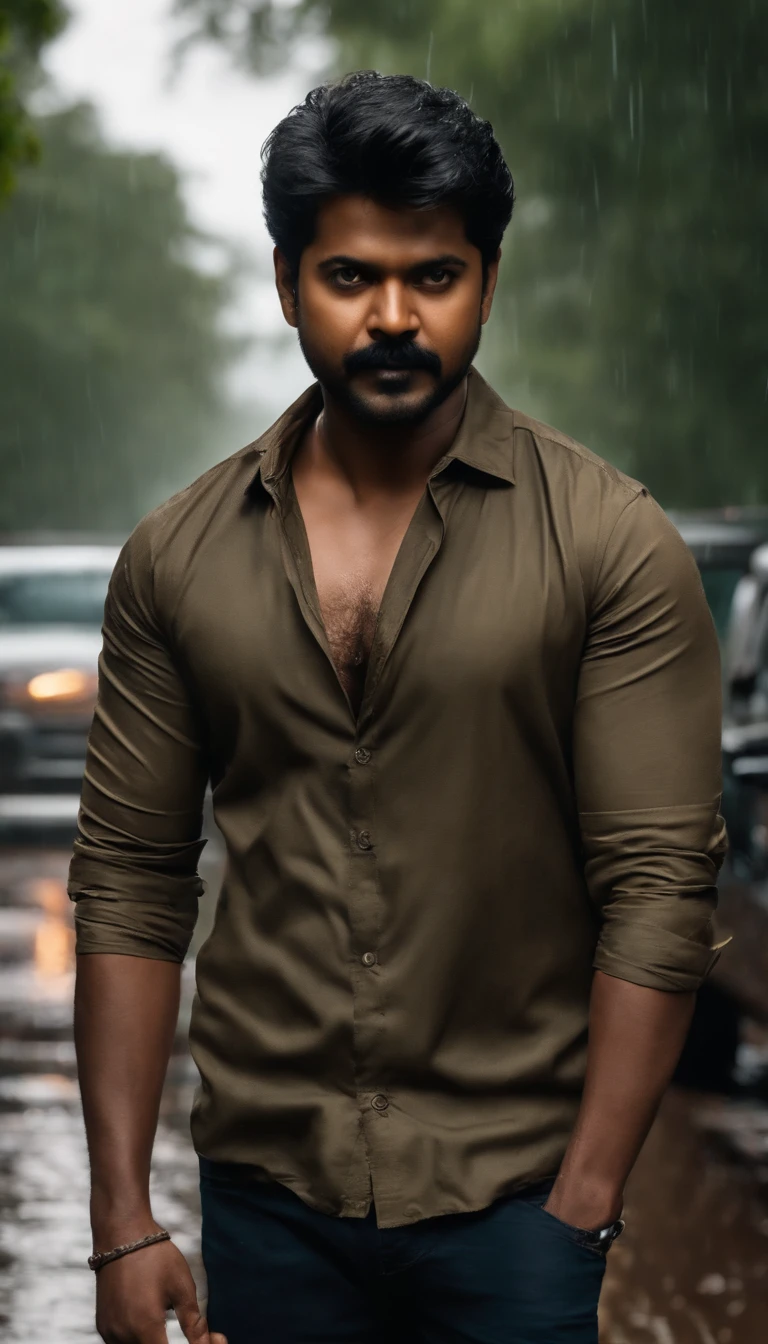 Photo of Vijay standing outside town in the Beast movie 17, Rainy, RTX, octane, unreal
