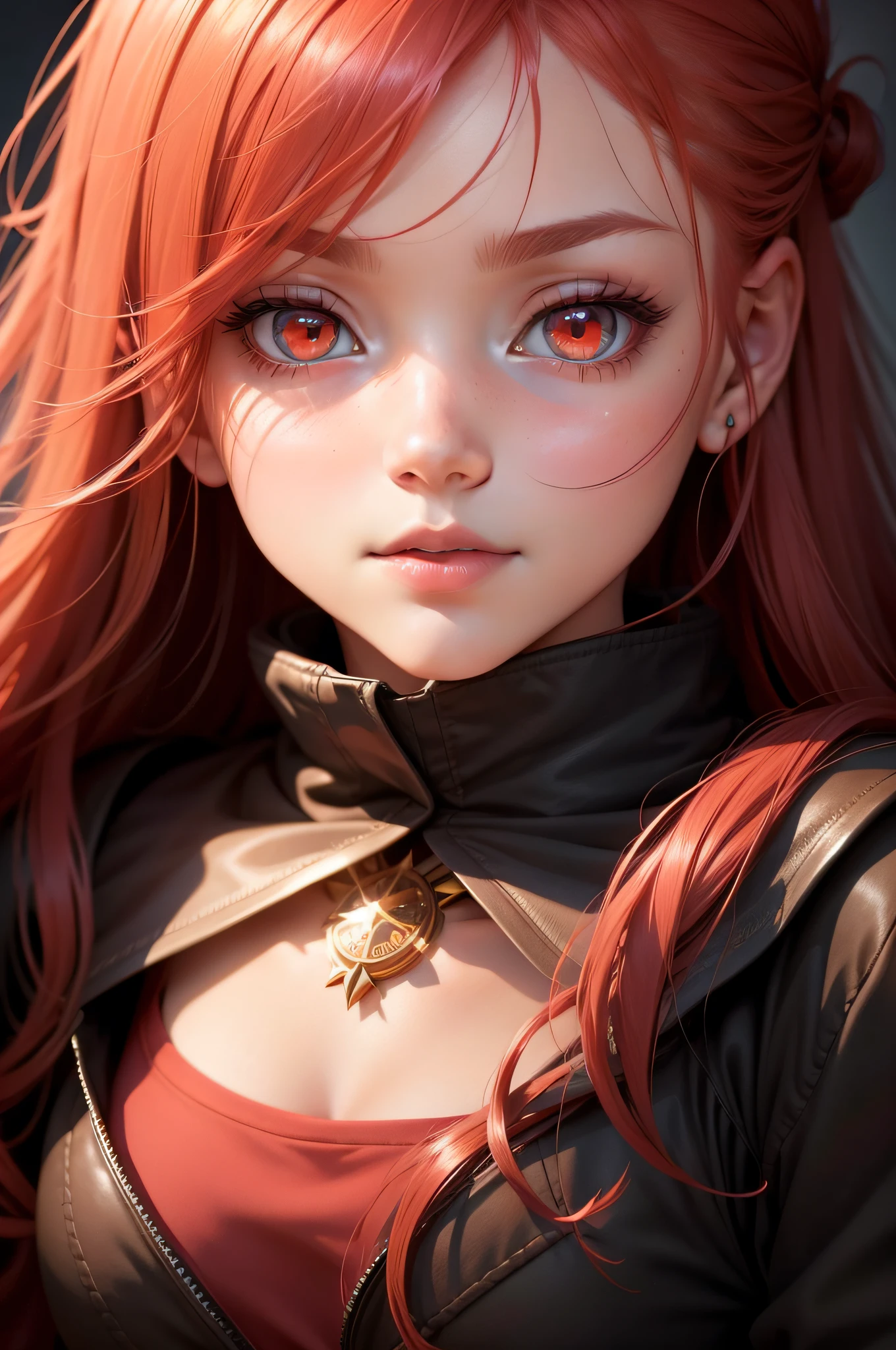 1girll, star eye, blush, Perfect litthing, Red hair, Red Eyes, illusion engine, side lights, Detailed face, Bangs, bright skin, Simple background, Dark background,