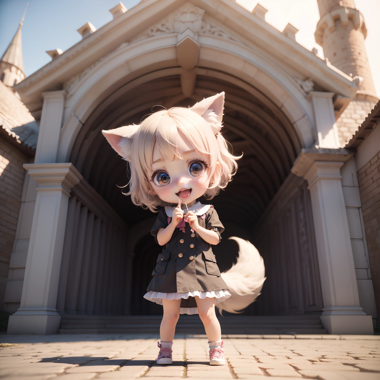 ((Masterpiece, Best Quality)), (Complex Light), 1 Girl, Solo, Solo Focus, Full Body, Shorts, Shirt, Larafell, Spiky Ears, Animal Ears, Cat Ears, White Hair, Smile, Green Eyes, Final Fantasy 14, Robe, Light Brown Skin