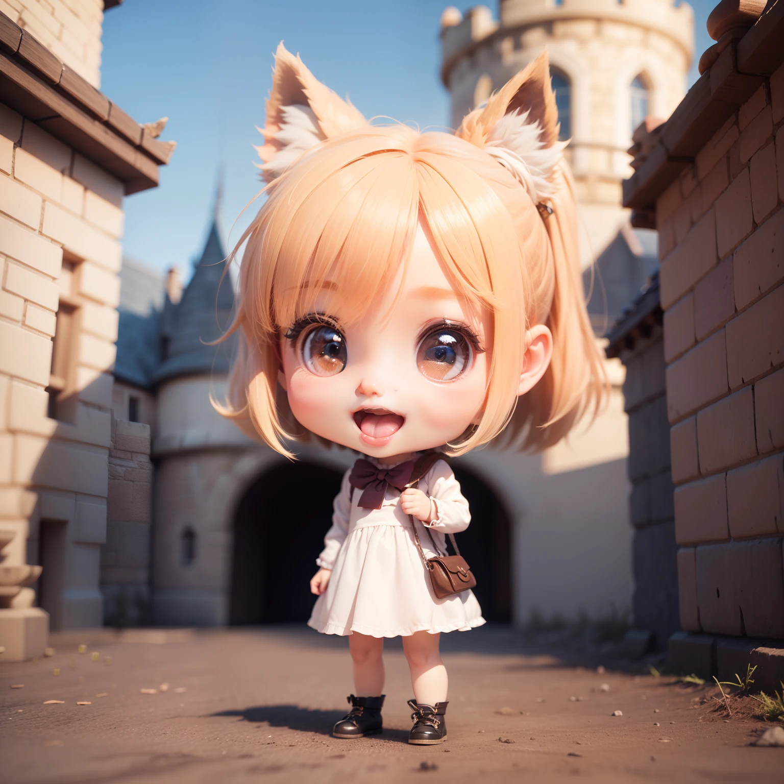 Cute Baby Chibi Anime、(((Chibi 3D))) (Best Quality), (masutepiece)、Little Wolf、In front of the old castle of fairytale land、Open your mouth and smile、A detailed face、Standing、