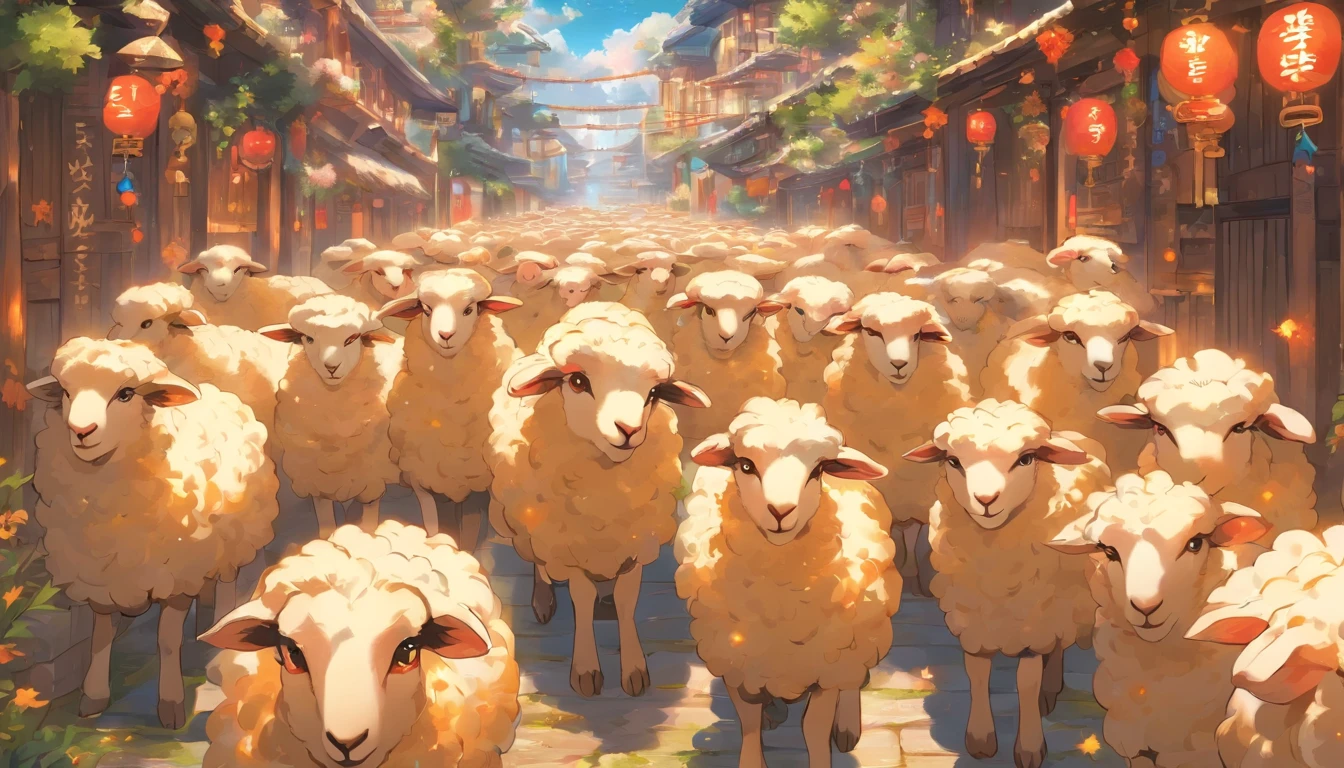 Zodiac sheep Furry sheep, ,Big eyes, Wear festive attire, Standing on the side of the street, Ancient style, Artistic touch，Snes painting