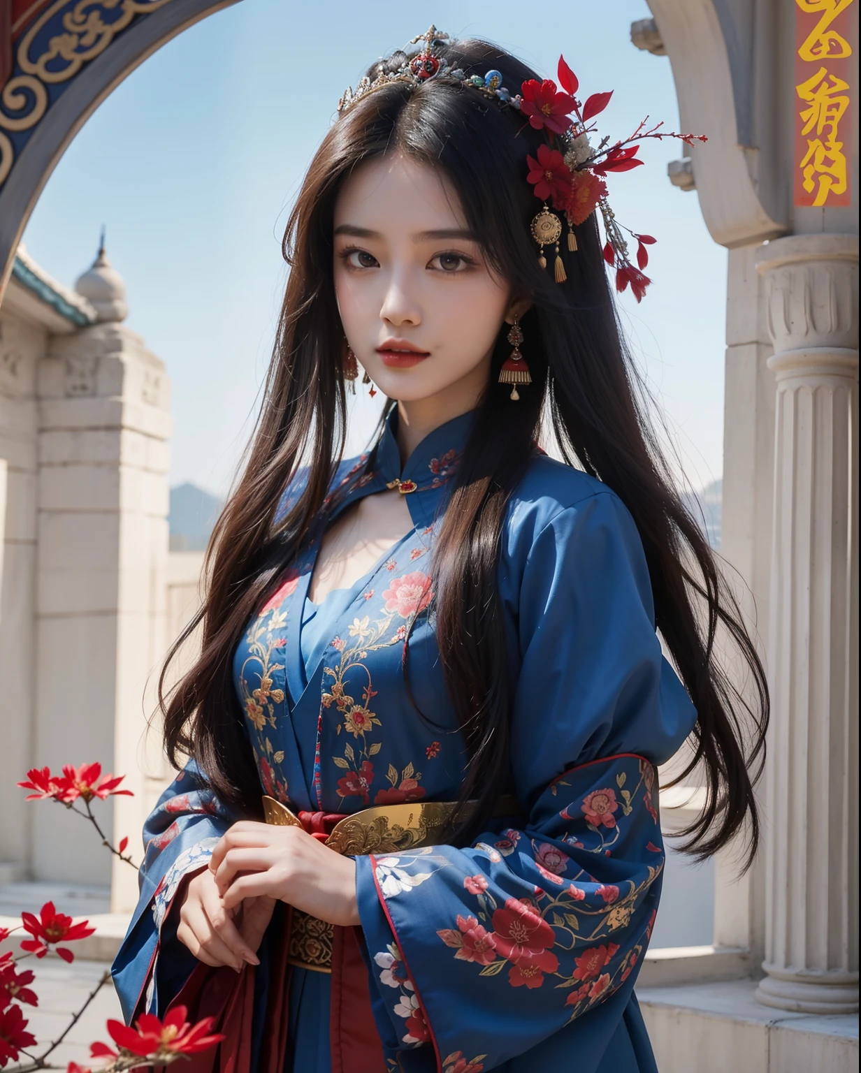 Allafard asian woman in blue and red dress,It has red flowers on it, Palace , A girl in Hanfu, Guviz-style artwork, a beautiful fantasy empress, Guviz, ((a beautiful fantasy empress)), Beautiful character painting, Chinese girl, Inspired by Lan Ying, Beautiful digital artwork, China Princess, Wearing ancient Chinese clothes