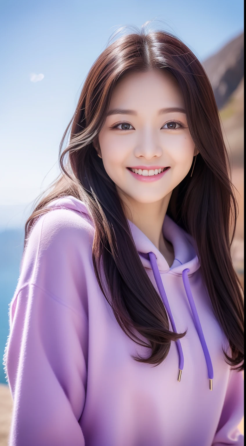 realistic photos of 1 cute Korean star, straight hair, hair flying, white skin, thin makeup, 32 inch breasts size, slightly smile, wearing purple hoodie sweater, mountain and sea is background, close-up portrait, UHD