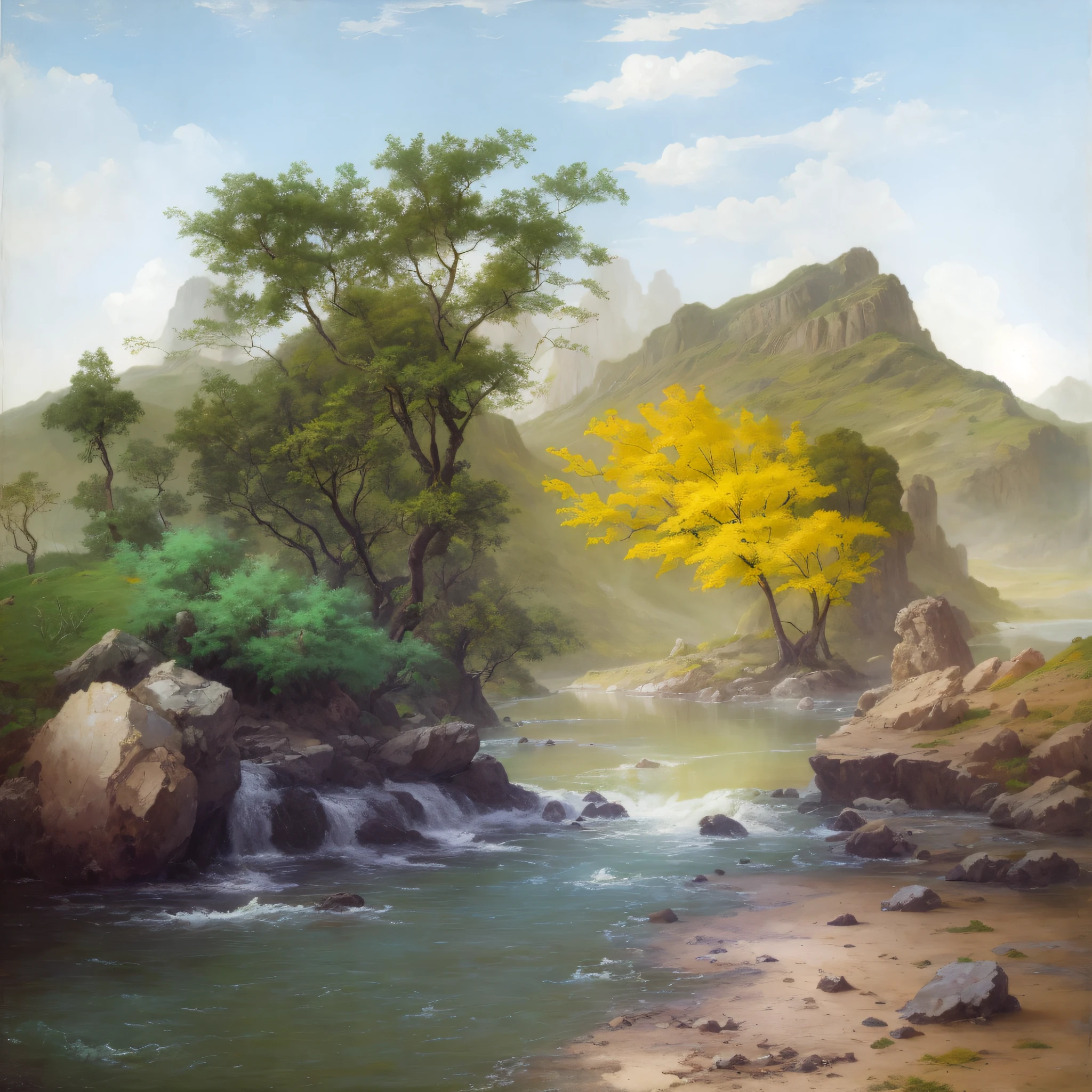 painting of a river with a yellow tree and mountains in the background, inspirado em Thomas Moran, in the style of an oilpainting, paisagem pintada, smooth oil painting, No estilo de Albert Bierstadt, pintura de paisagem, oil on canvas 8k, oil on canvas 8k, inspirado em Fernand Verhaegen, Pintura de paisagem virtual 3D, beautiful oil matte painting