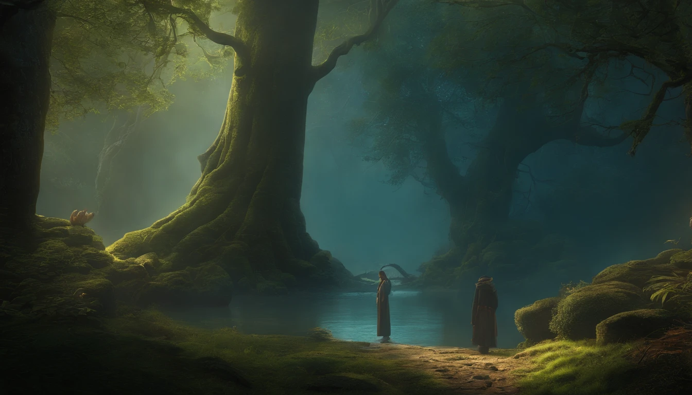 A mysterious journey through an ancient forest, The young character meets a wise old man,And learn valuable life lessons. lighting, Transformative and magical, big breasts enchanting, Ethereal. life after death. mistic, Energetic,Moving. Create an atmosphere of mystery and spiritual depth. Deep, thought provoking,philosophy, Valuable life lessons