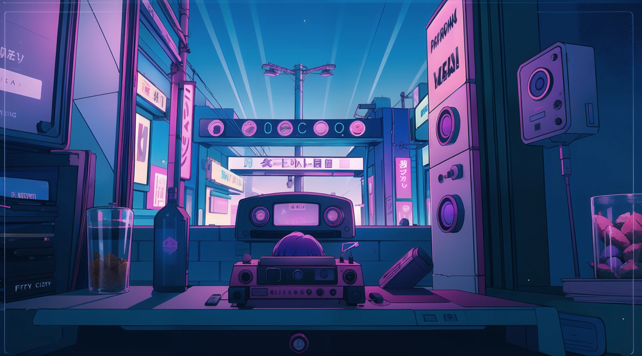 Night city, streets, blue and purple, lofi, 80s, retro