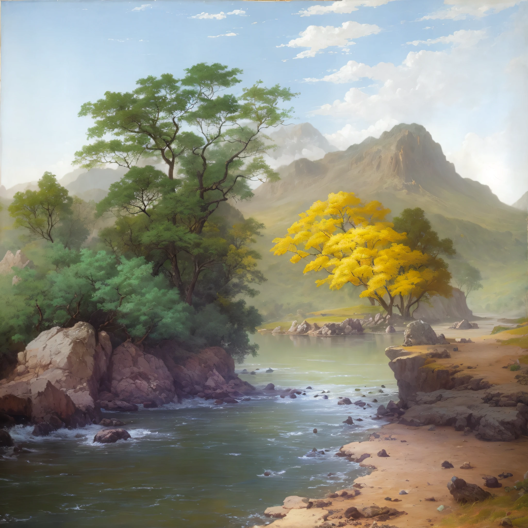 painting of a river with a yellow tree and mountains in the background, inspirado em Thomas Moran, in the style of an oilpainting, paisagem pintada, smooth oil painting, No estilo de Albert Bierstadt, pintura de paisagem, oil on canvas 8k, oil on canvas 8k, inspirado em Fernand Verhaegen, Pintura de paisagem virtual 3D, beautiful oil matte painting